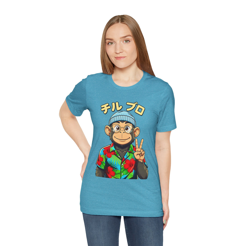 Monkey Peace Sign Tee — Hawaiian Shirt Chimp Graphic with Japanese Text