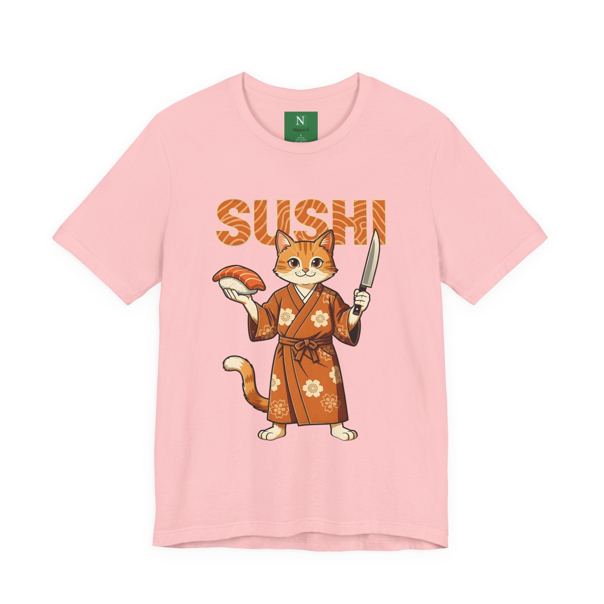 Sushi Cat Graphic Tee — Cute Samurai Cat Holding Sushi & Knife