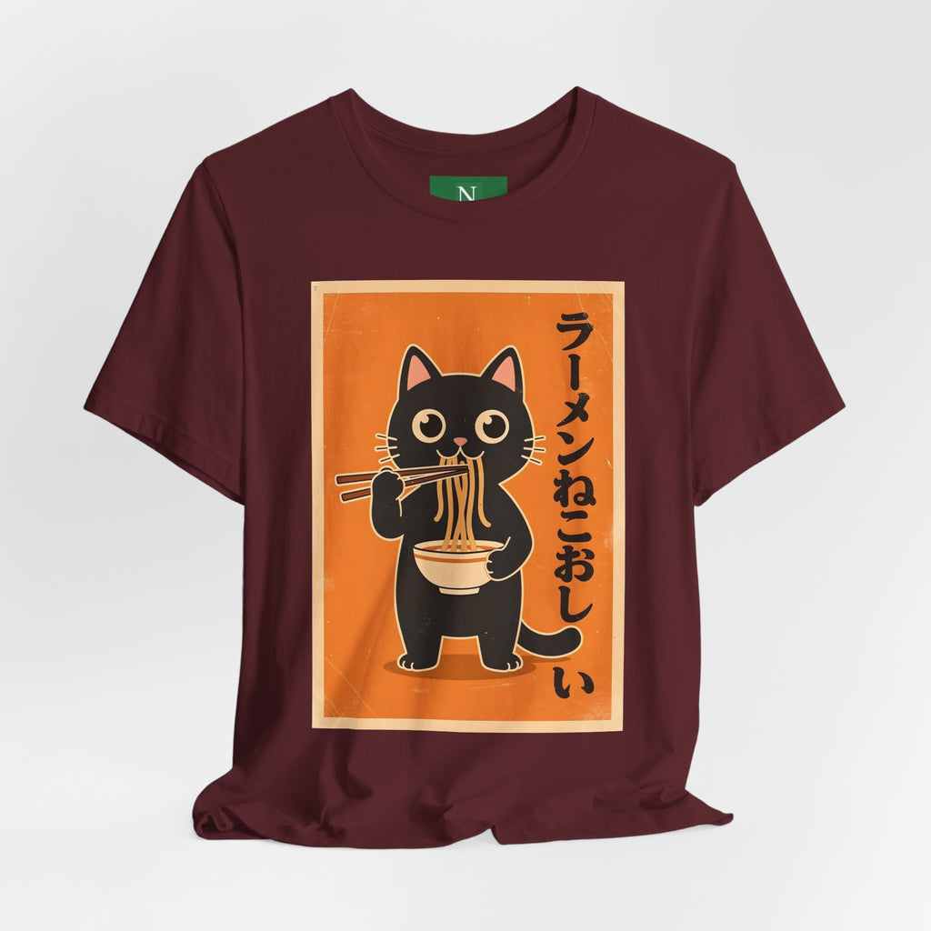 Ramen Cat Graphic Tee — Cute Black Cat Eating Ramen Japanese Text Shirt