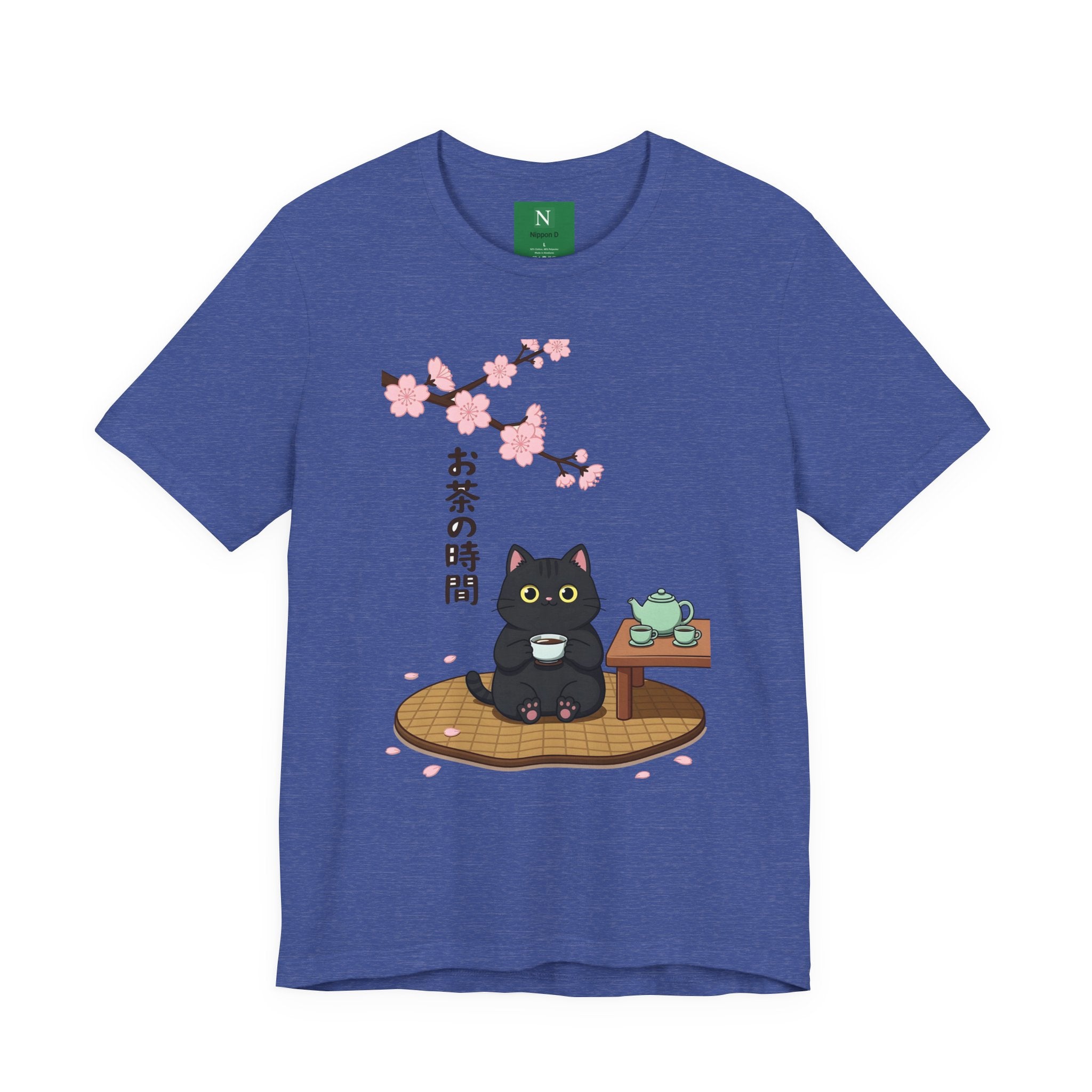 Cat Tea Time T-Shirt — Kawaii Black Cat with Sakura and Teapot