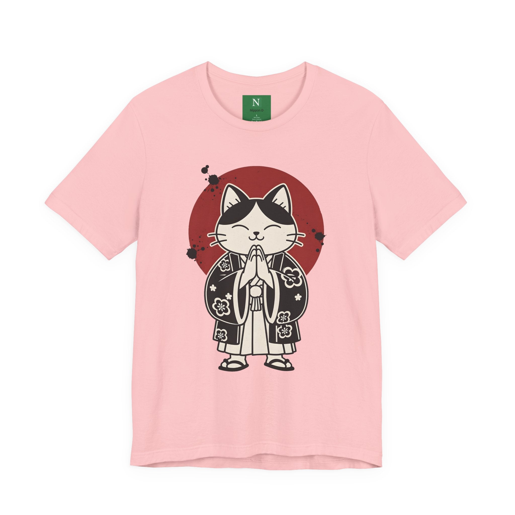 Samurai Cat T‑Shirt — Cute Praying Cat with Red Sun Graphic