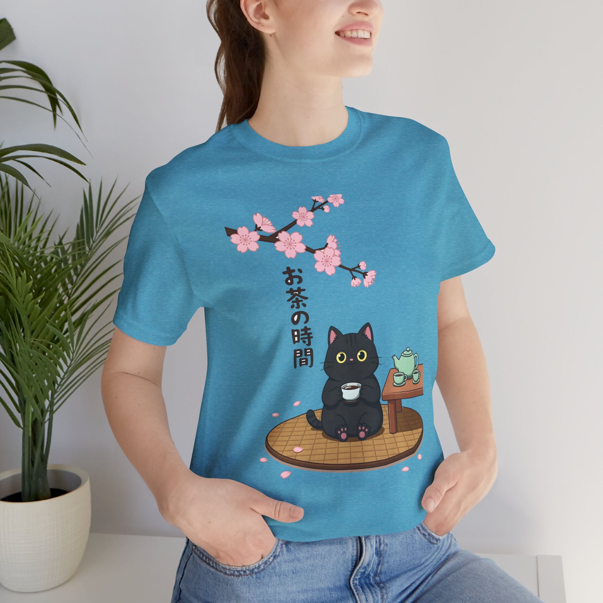 Cat Tea Time T-Shirt — Kawaii Black Cat with Sakura and Teapot