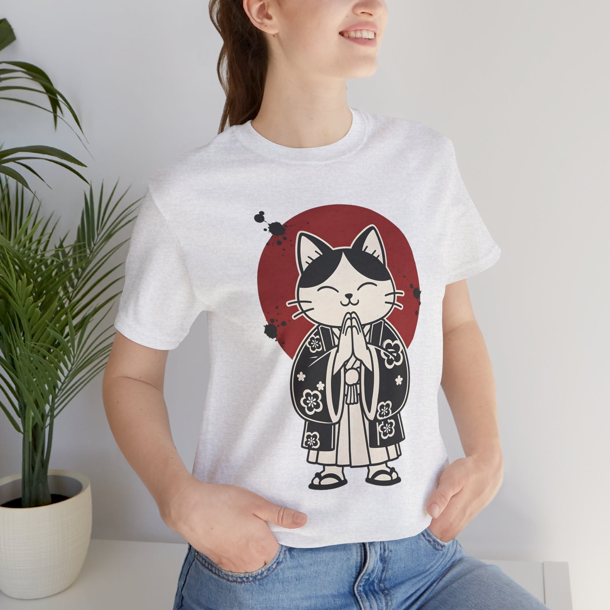 Samurai Cat T‑Shirt — Cute Praying Cat with Red Sun Graphic