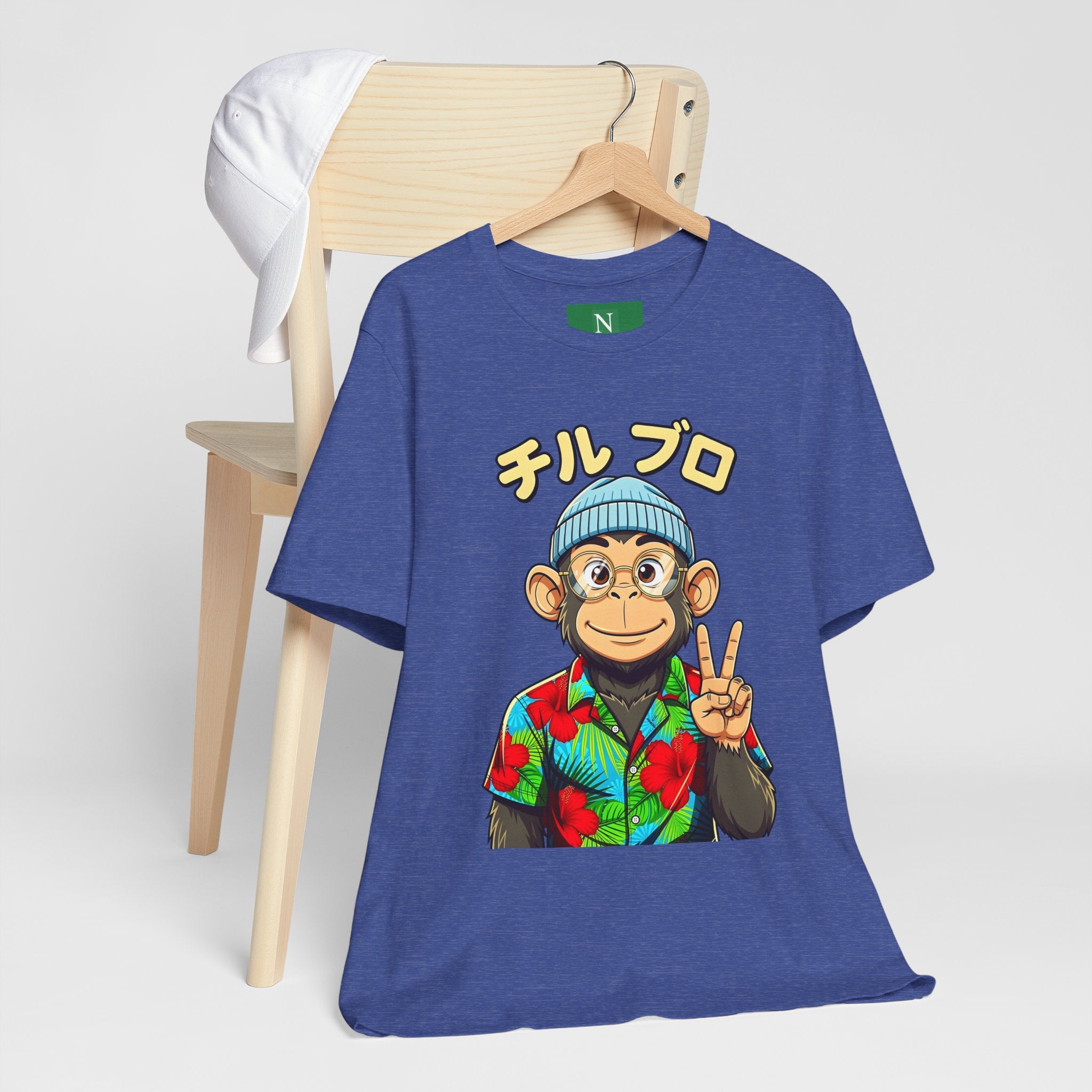 Monkey Peace Sign Tee — Hawaiian Shirt Chimp Graphic with Japanese Text