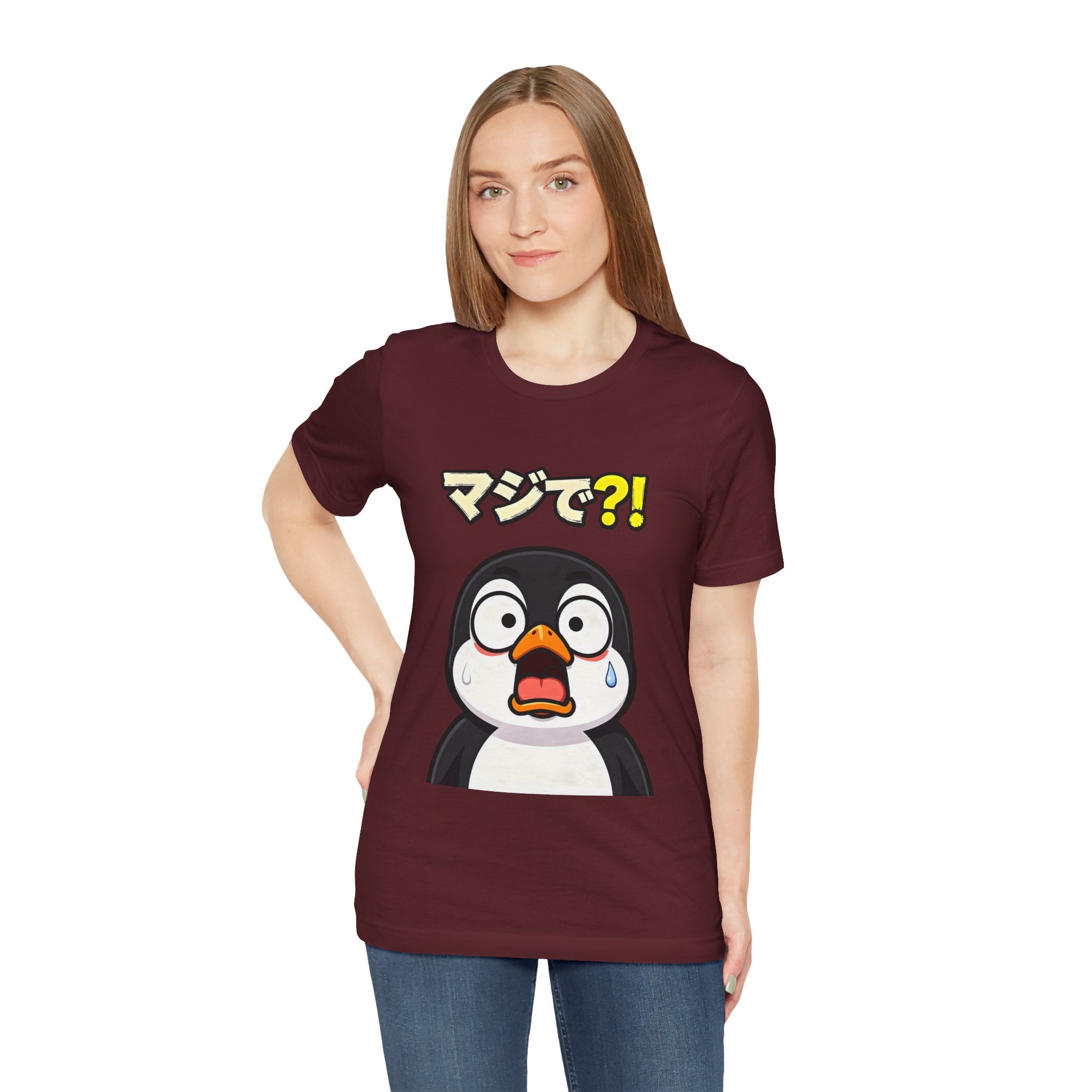 Shocked Penguin Tee — Japanese “マジで?!” Cute Anime-Style Graphic T-Shirt