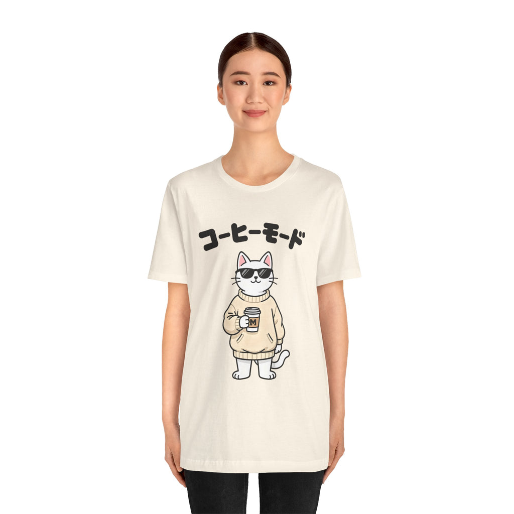 Coffee Mode Cat Tee — Cute Japanese Cat Holding Coffee T-Shirt