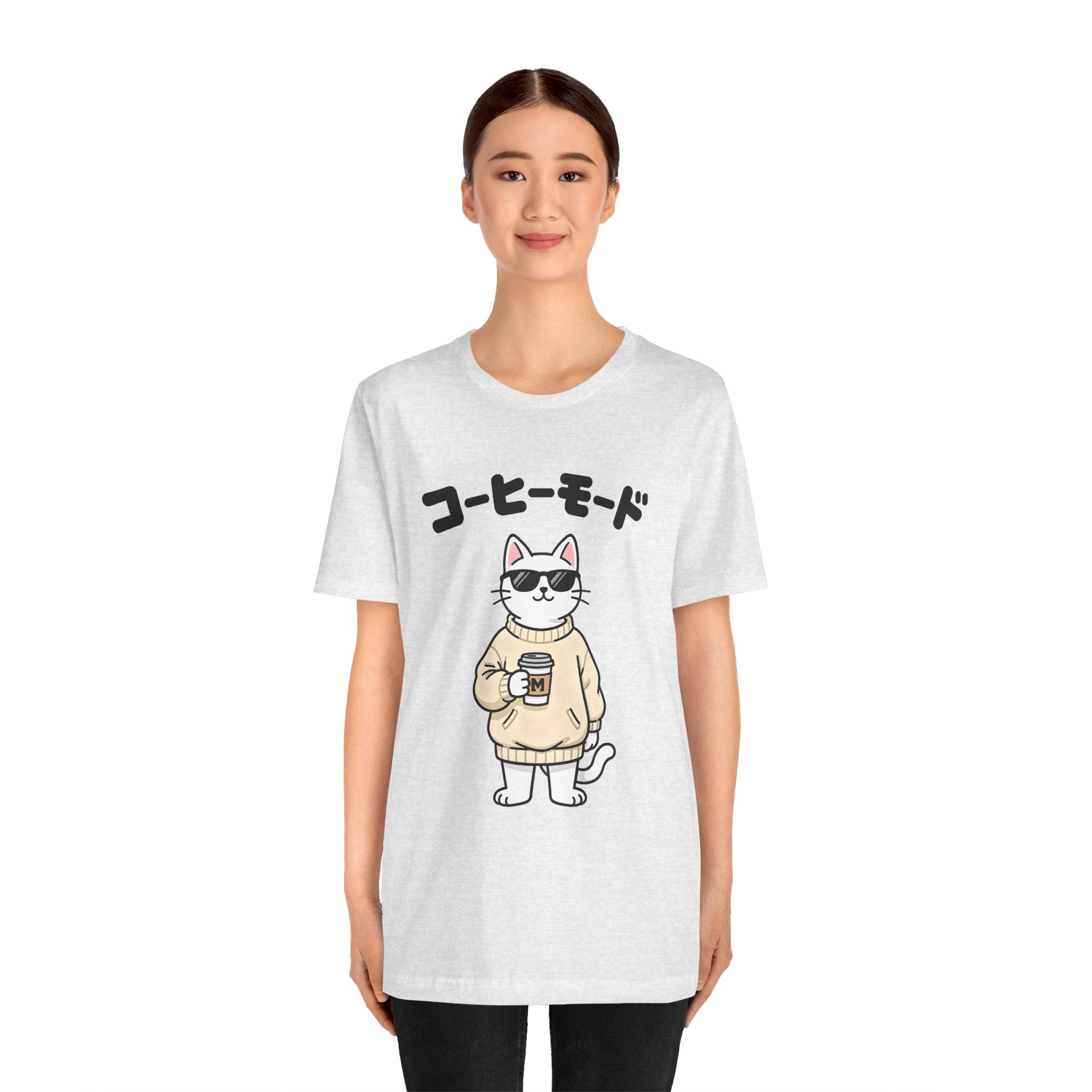 Coffee Mode Cat Tee — Cute Japanese Cat Holding Coffee T-Shirt