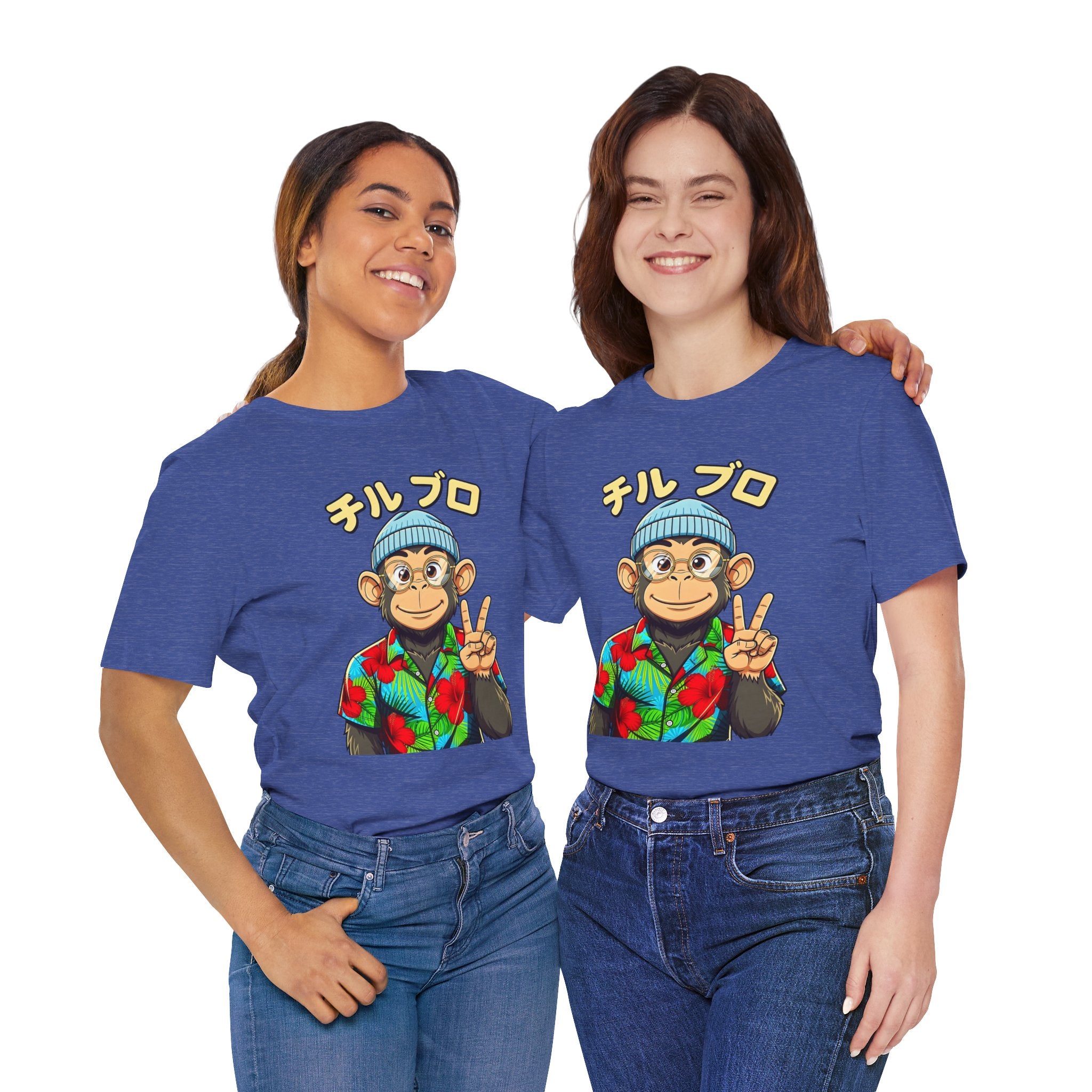 Monkey Peace Sign Tee — Hawaiian Shirt Chimp Graphic with Japanese Text