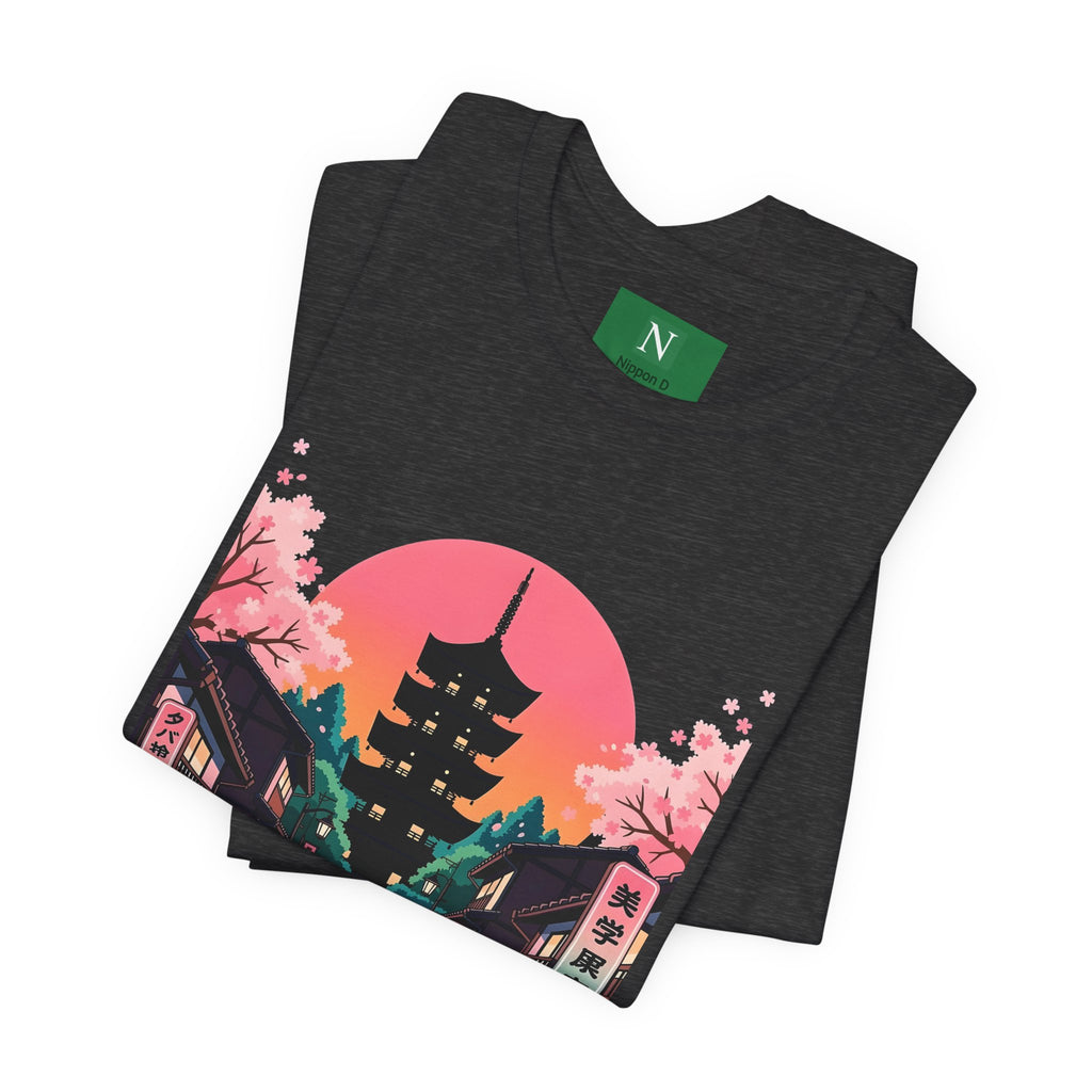 Japanese Pagoda Sunset Tee — Sakura Street Cat Graphic T-Shirt