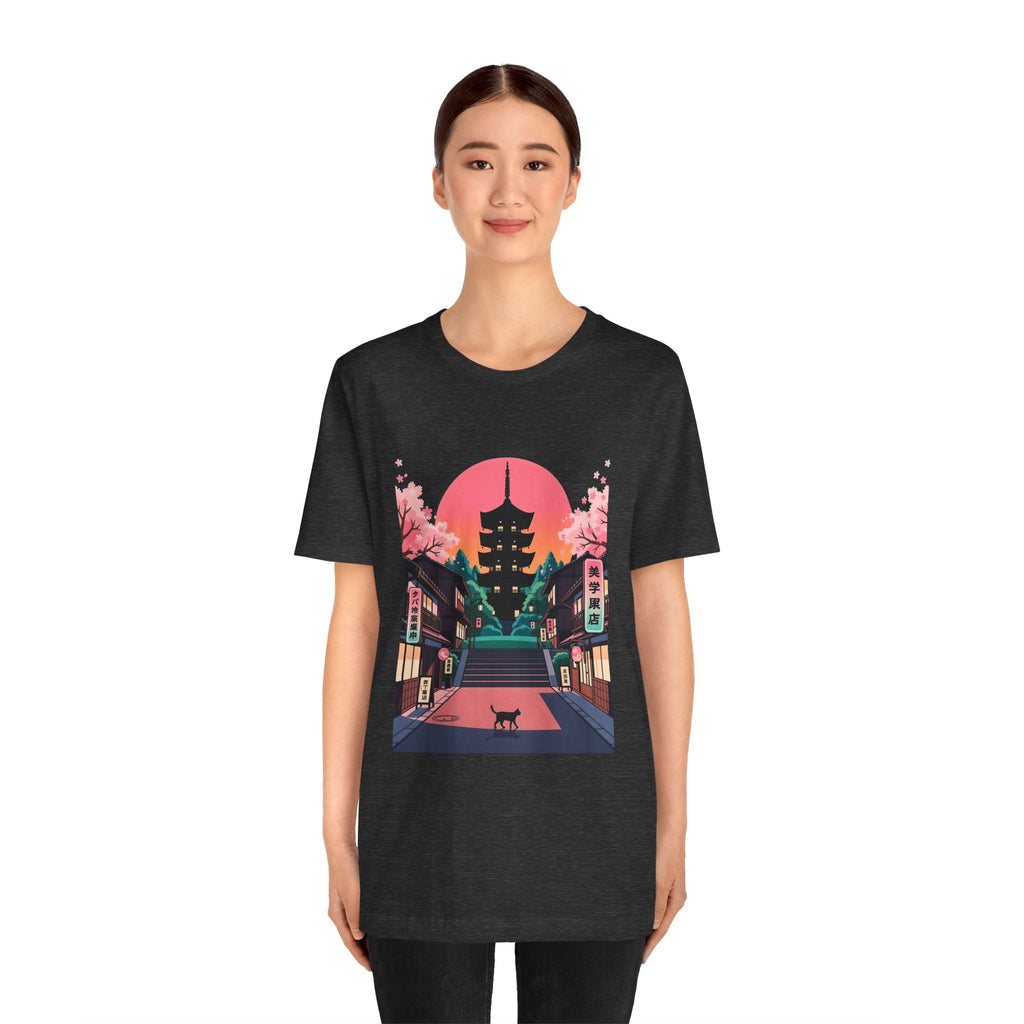 Japanese Pagoda Sunset Tee — Sakura Street Cat Graphic T-Shirt