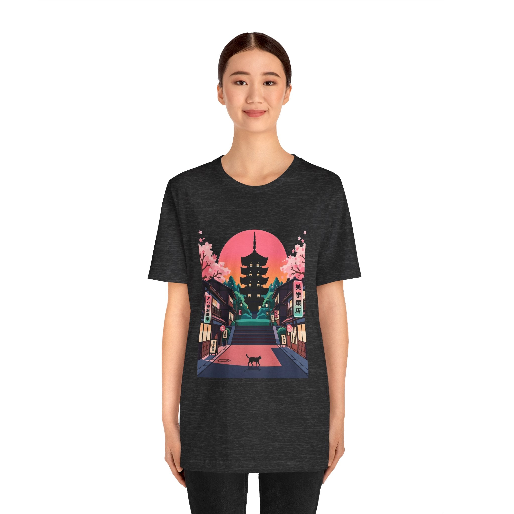 Japanese Pagoda Sunset Tee — Sakura Street Cat Graphic T-Shirt