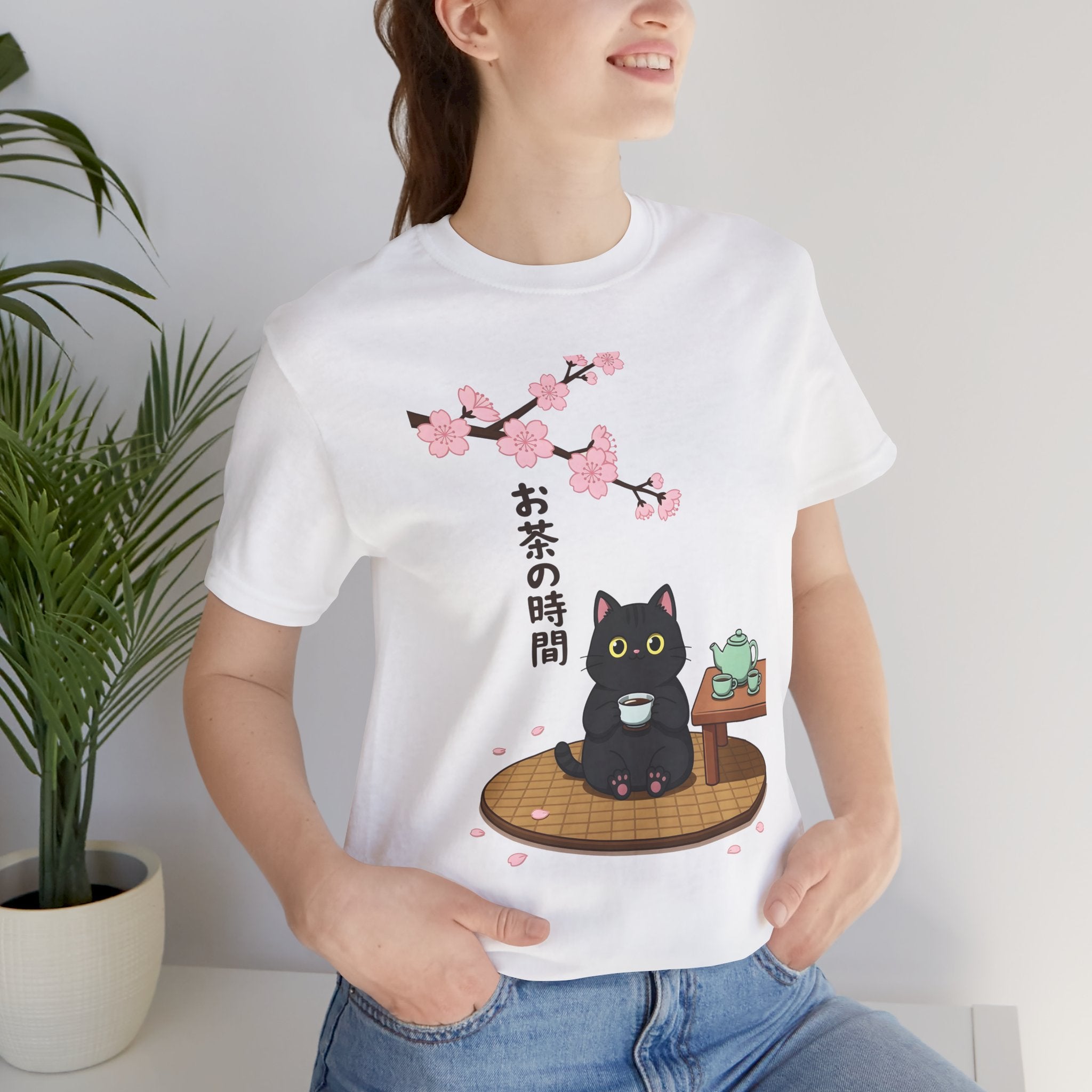 Cat Tea Time T-Shirt — Kawaii Black Cat with Sakura and Teapot