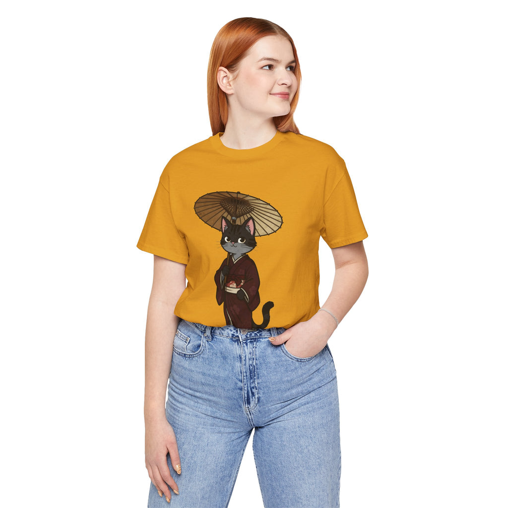 Geisha Cat Tee — Japanese Umbrella Cat Graphic T-Shirt