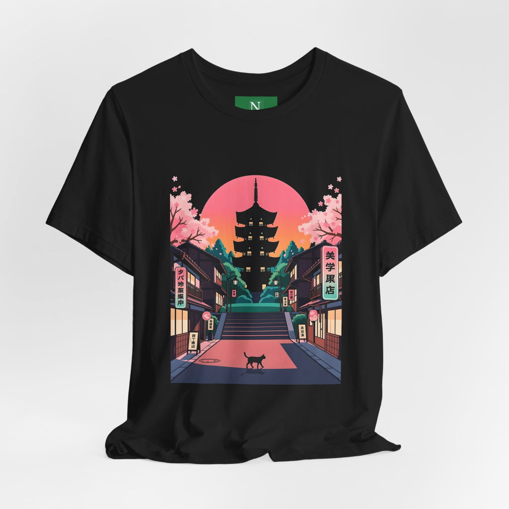 Japanese Pagoda Sunset Tee — Sakura Street Cat Graphic T-Shirt