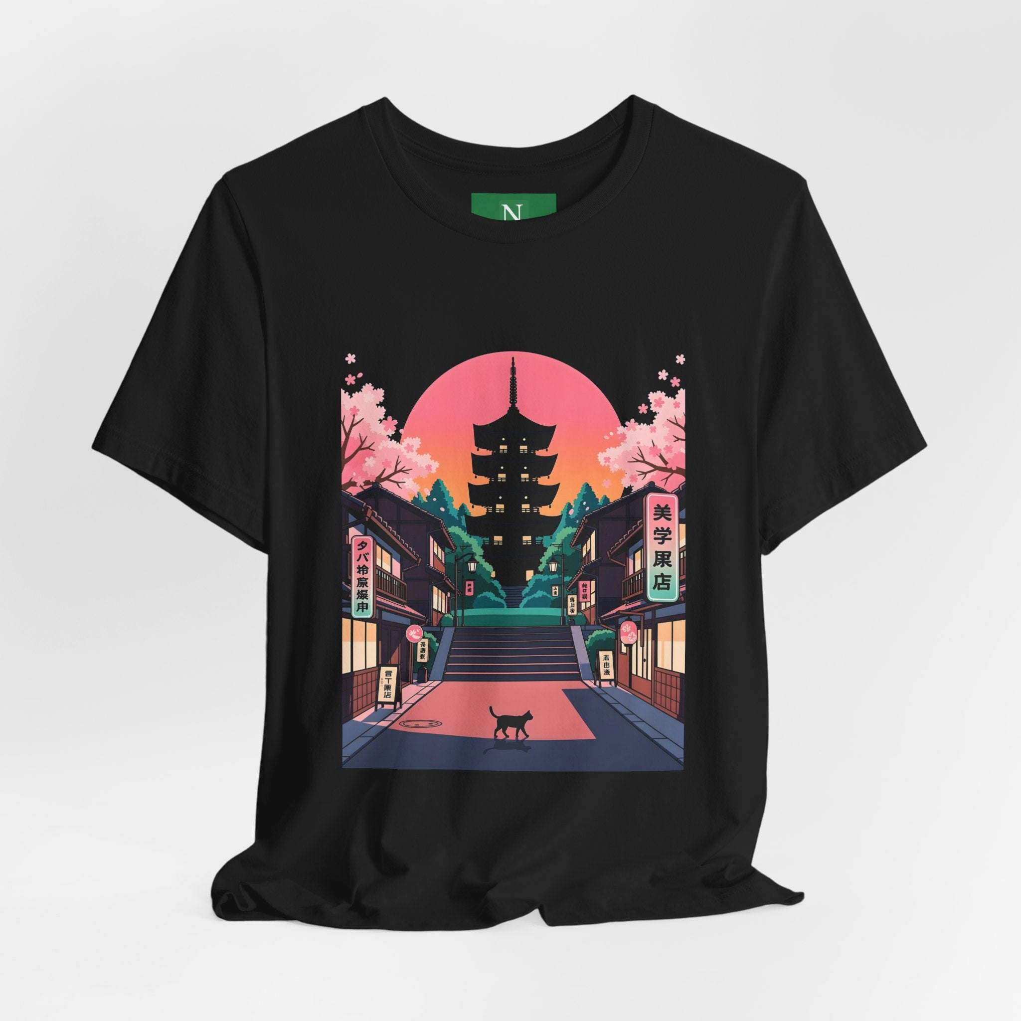 Japanese Pagoda Sunset Tee — Sakura Street Cat Graphic T-Shirt