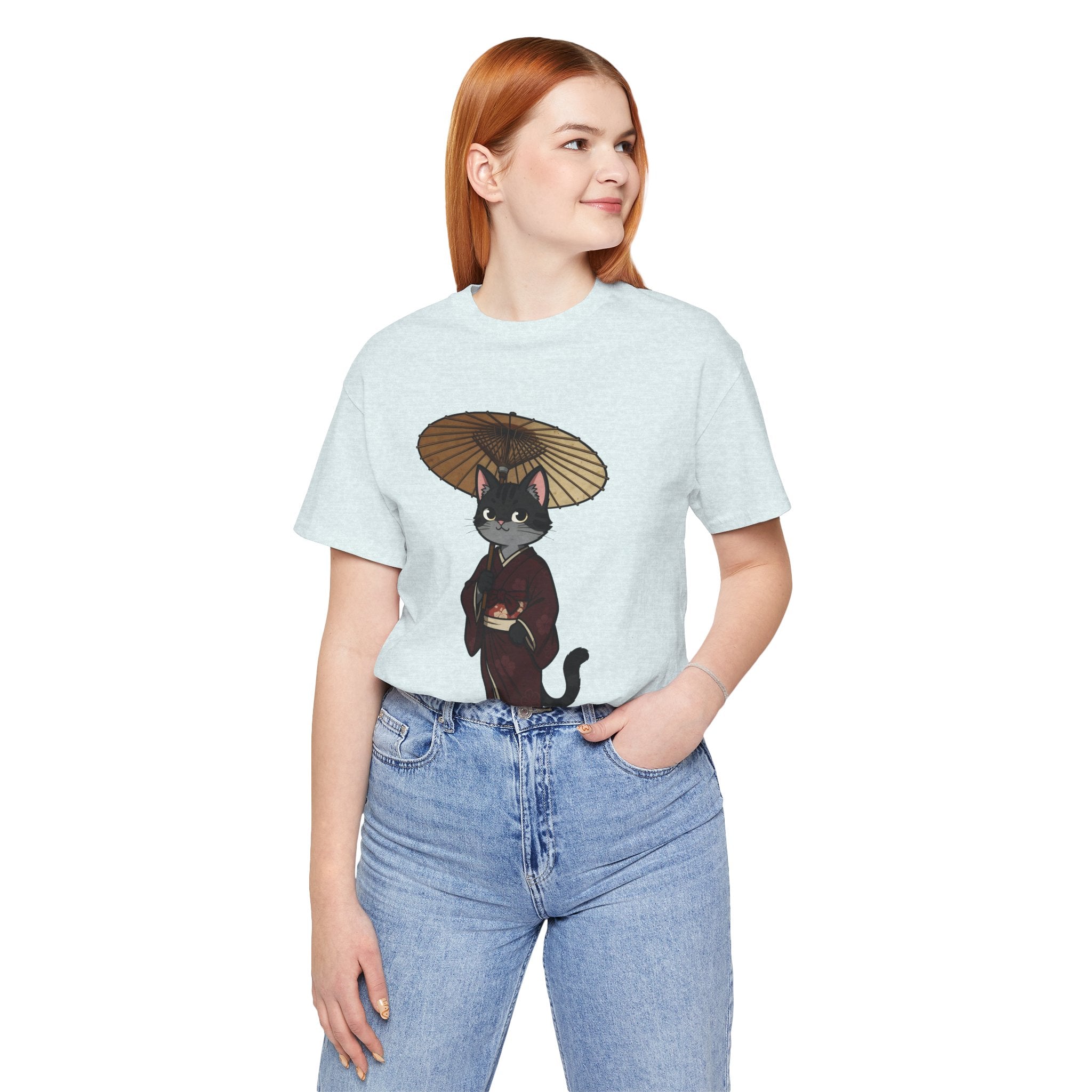 Geisha Cat Tee — Japanese Umbrella Cat Graphic T-Shirt