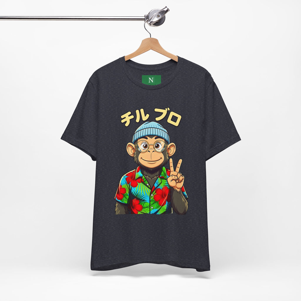 Monkey Peace Sign Tee — Hawaiian Shirt Chimp Graphic with Japanese Text