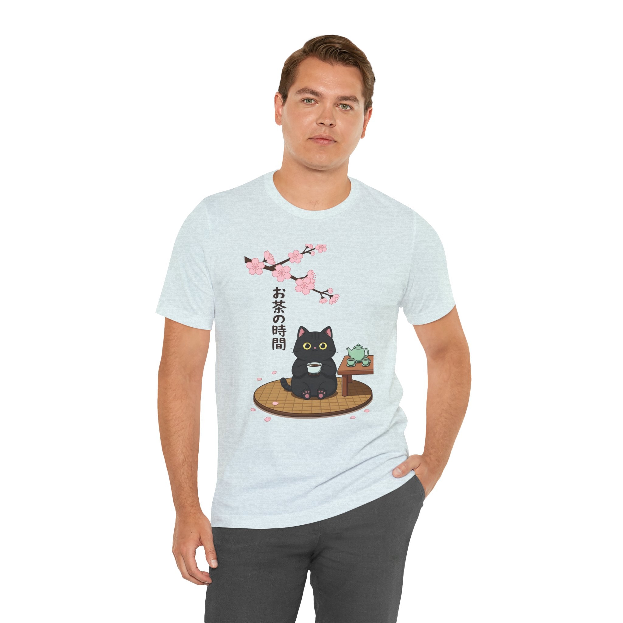 Cat Tea Time T-Shirt — Kawaii Black Cat with Sakura and Teapot