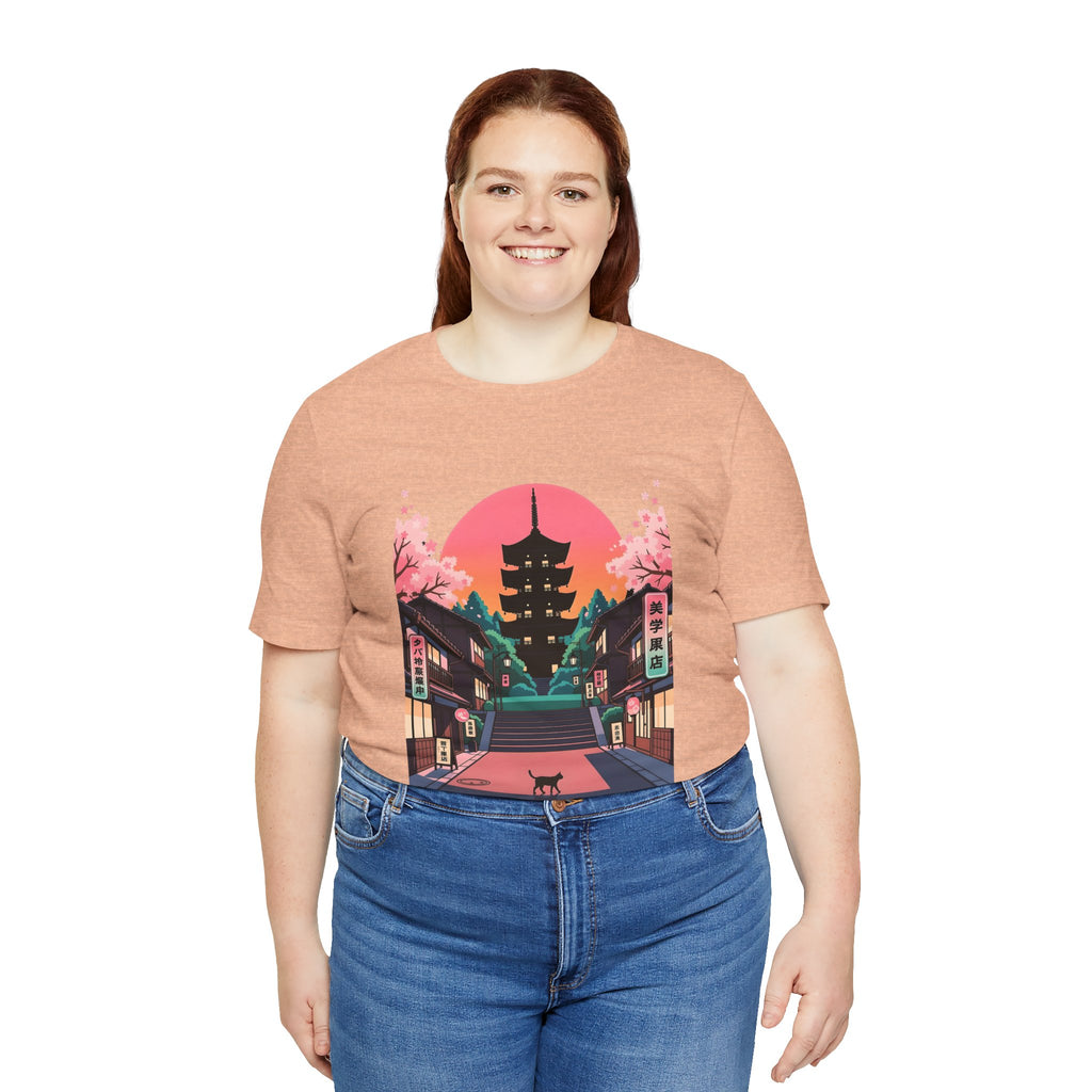 Japanese Pagoda Sunset Tee — Sakura Street Cat Graphic T-Shirt
