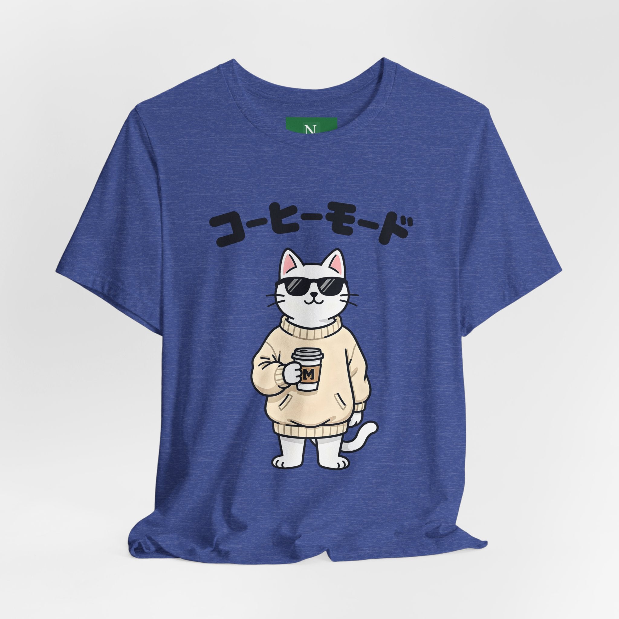 Coffee Mode Cat Tee — Cute Japanese Cat Holding Coffee T-Shirt