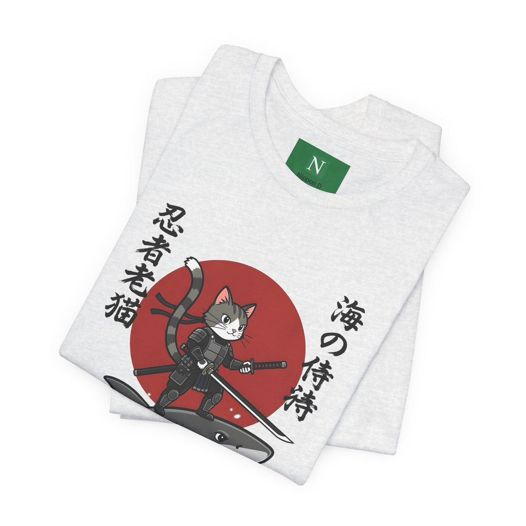 Ninja Cat Riding Shark T‑Shirt — Japanese Samurai Style Graphic Tee