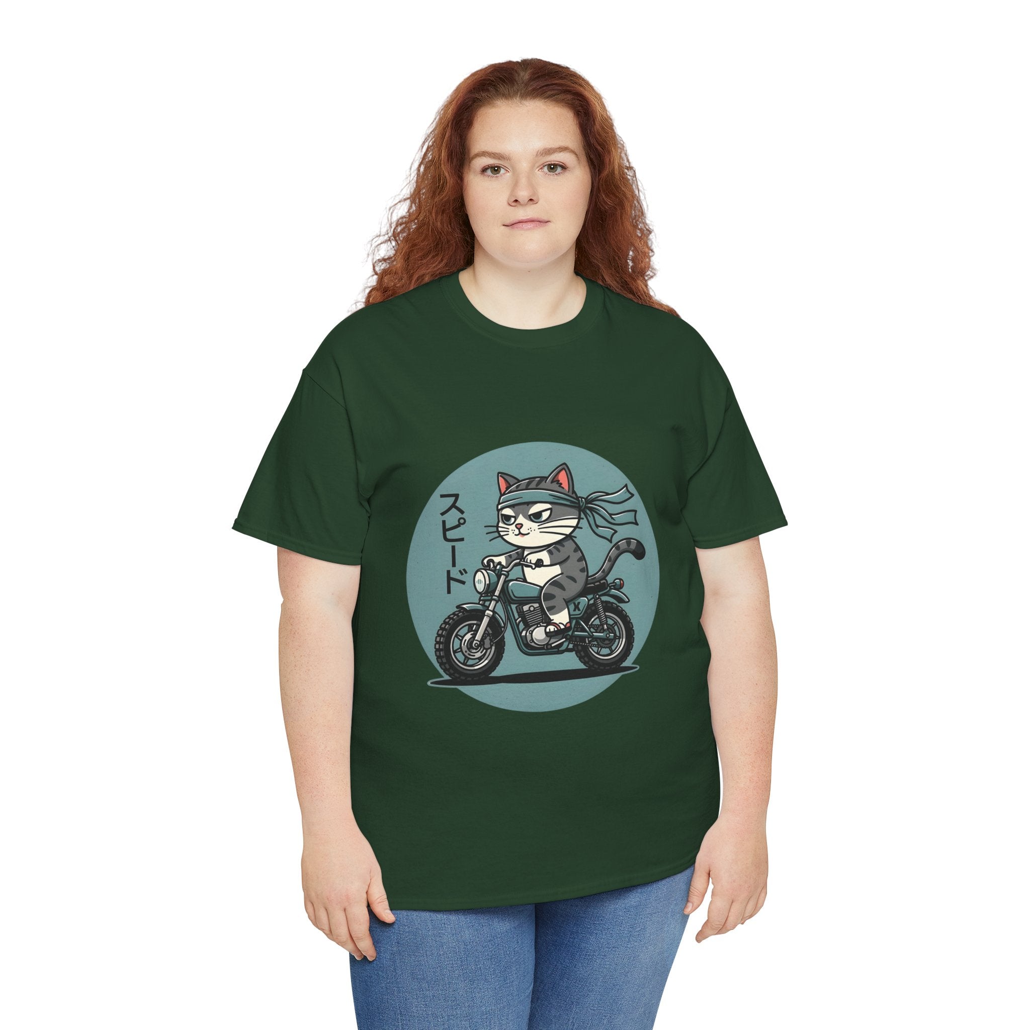 Cat Biker T‑Shirt — Retro Motorcycle Cat with Japanese “Speed” Text