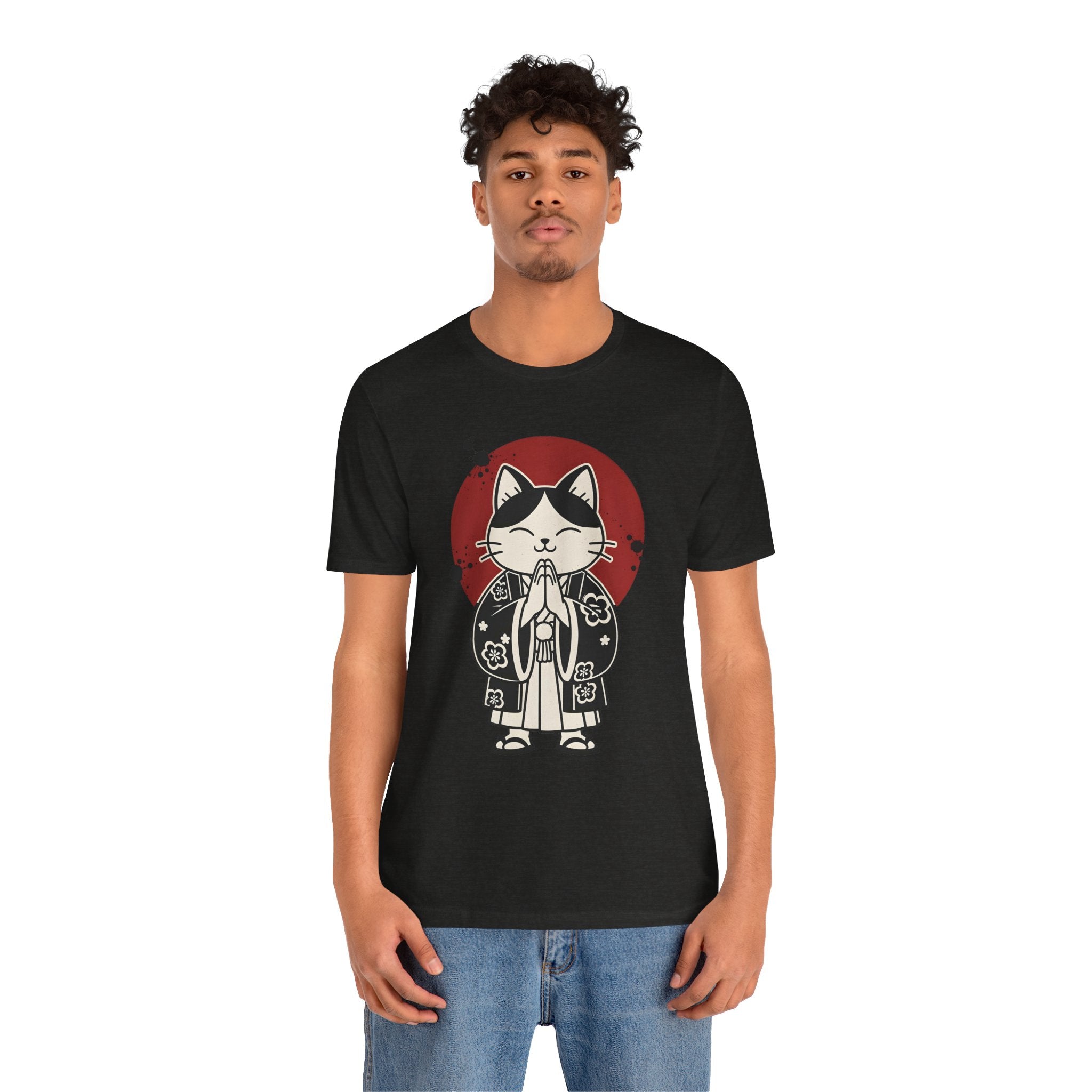 Samurai Cat T‑Shirt — Cute Praying Cat with Red Sun Graphic