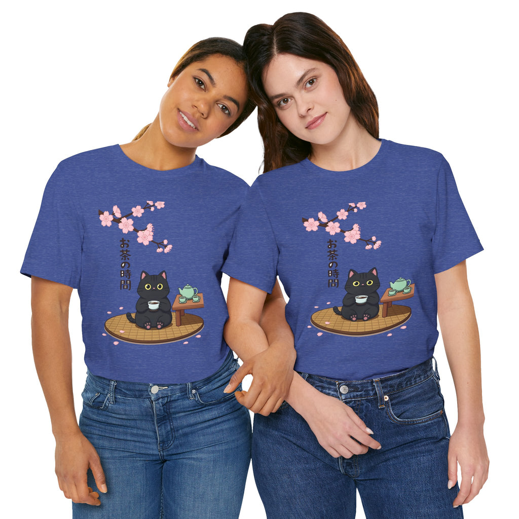 Cat Tea Time T-Shirt — Kawaii Black Cat with Sakura and Teapot