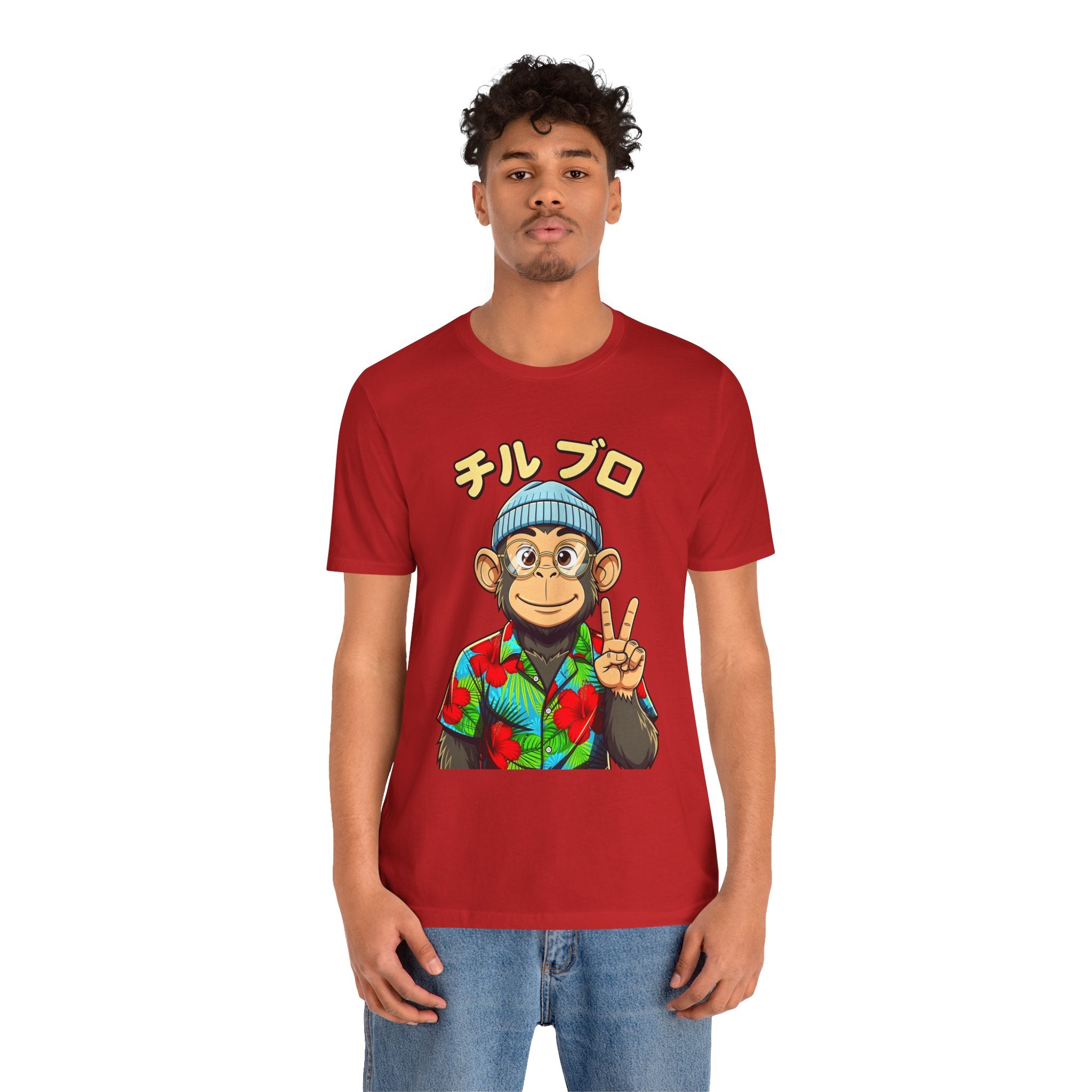 Monkey Peace Sign Tee — Hawaiian Shirt Chimp Graphic with Japanese Text