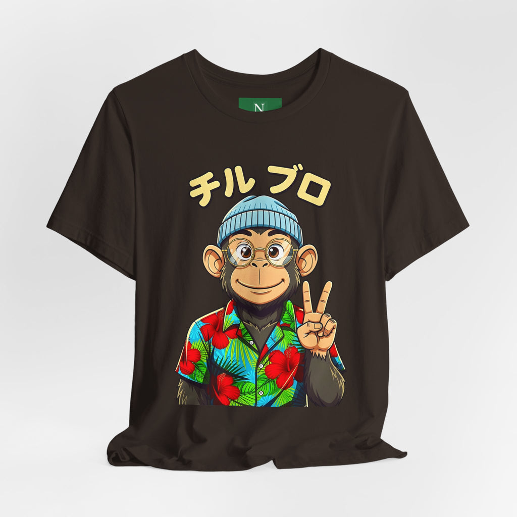 Monkey Peace Sign Tee — Hawaiian Shirt Chimp Graphic with Japanese Text