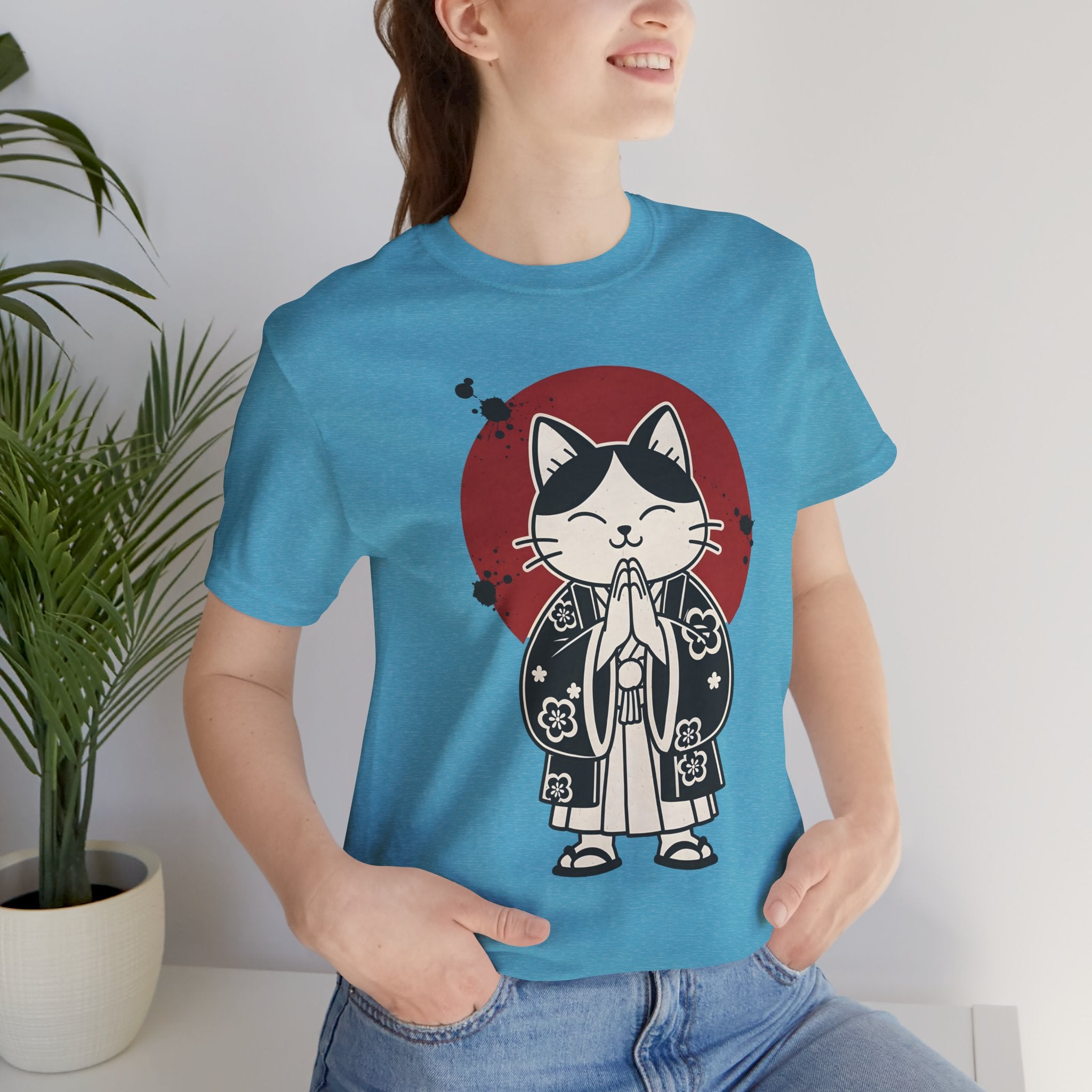 Samurai Cat T‑Shirt — Cute Praying Cat with Red Sun Graphic