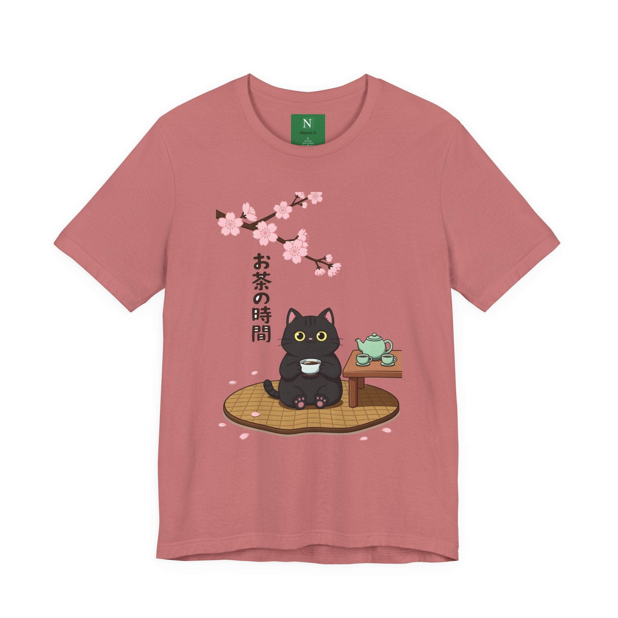 Cat Tea Time T-Shirt — Kawaii Black Cat with Sakura and Teapot