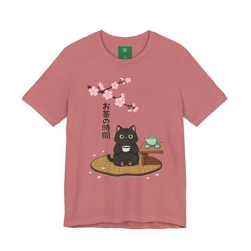 Cat Tea Time T-Shirt — Kawaii Black Cat with Sakura and Teapot
