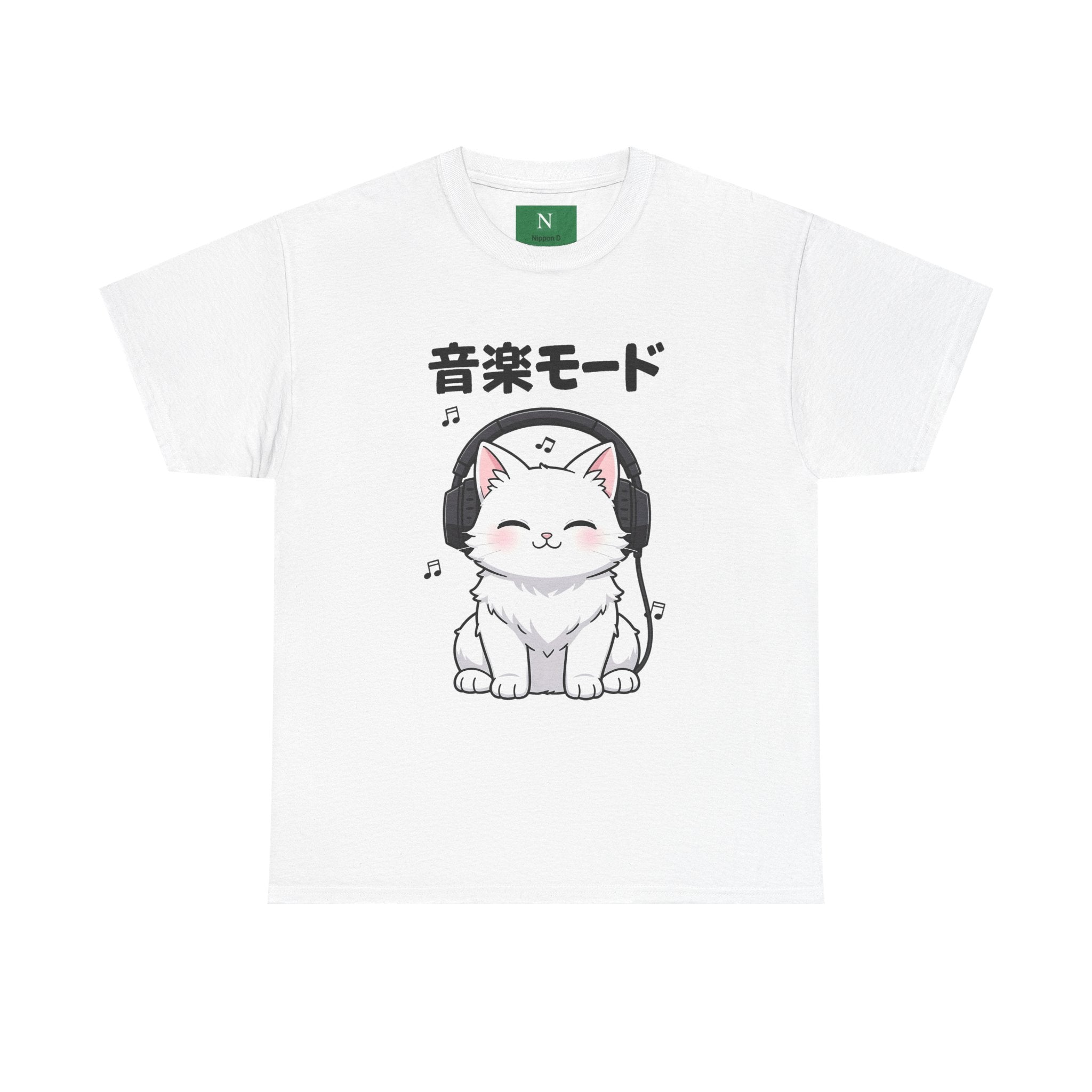 Cat with Headphones Tee — "Music Mode" Japanese Kawaii Graphic T-Shirt
