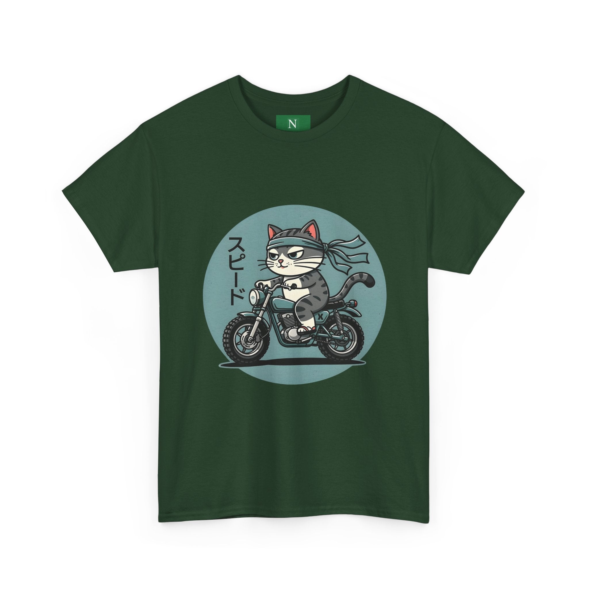 Cat Biker T‑Shirt — Retro Motorcycle Cat with Japanese “Speed” Text