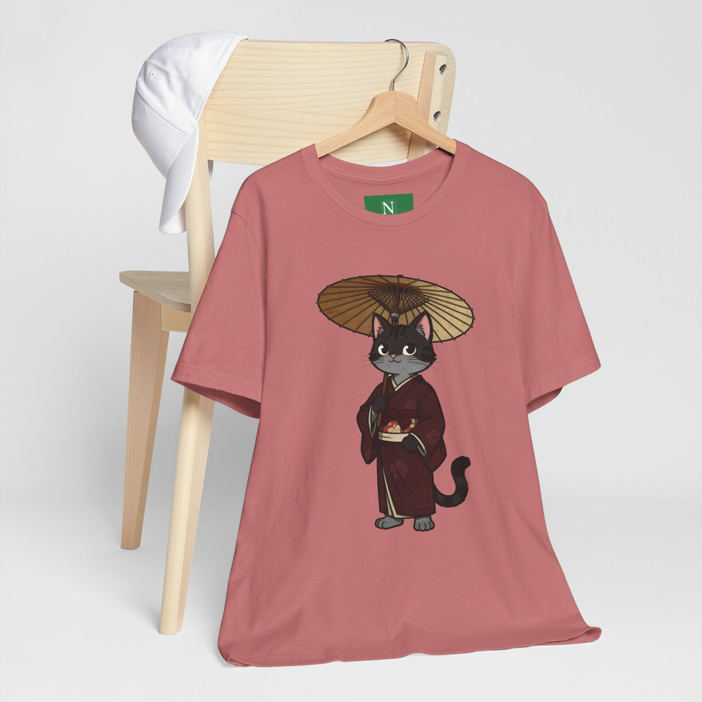 Geisha Cat Tee — Japanese Umbrella Cat Graphic T-Shirt