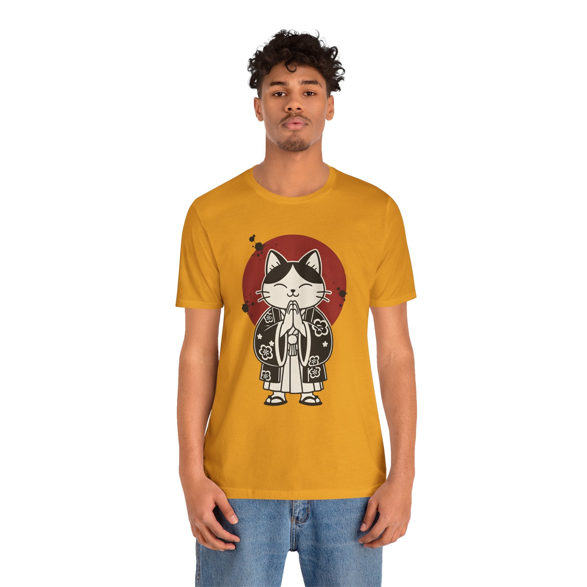 Samurai Cat T‑Shirt — Cute Praying Cat with Red Sun Graphic