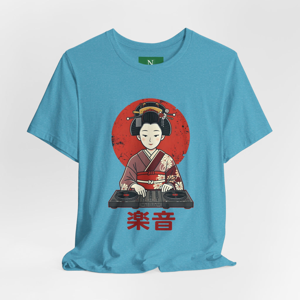 Geisha DJ T-Shirt — Japanese Vinyl Turntable Tee with '楽音' (Music) Design