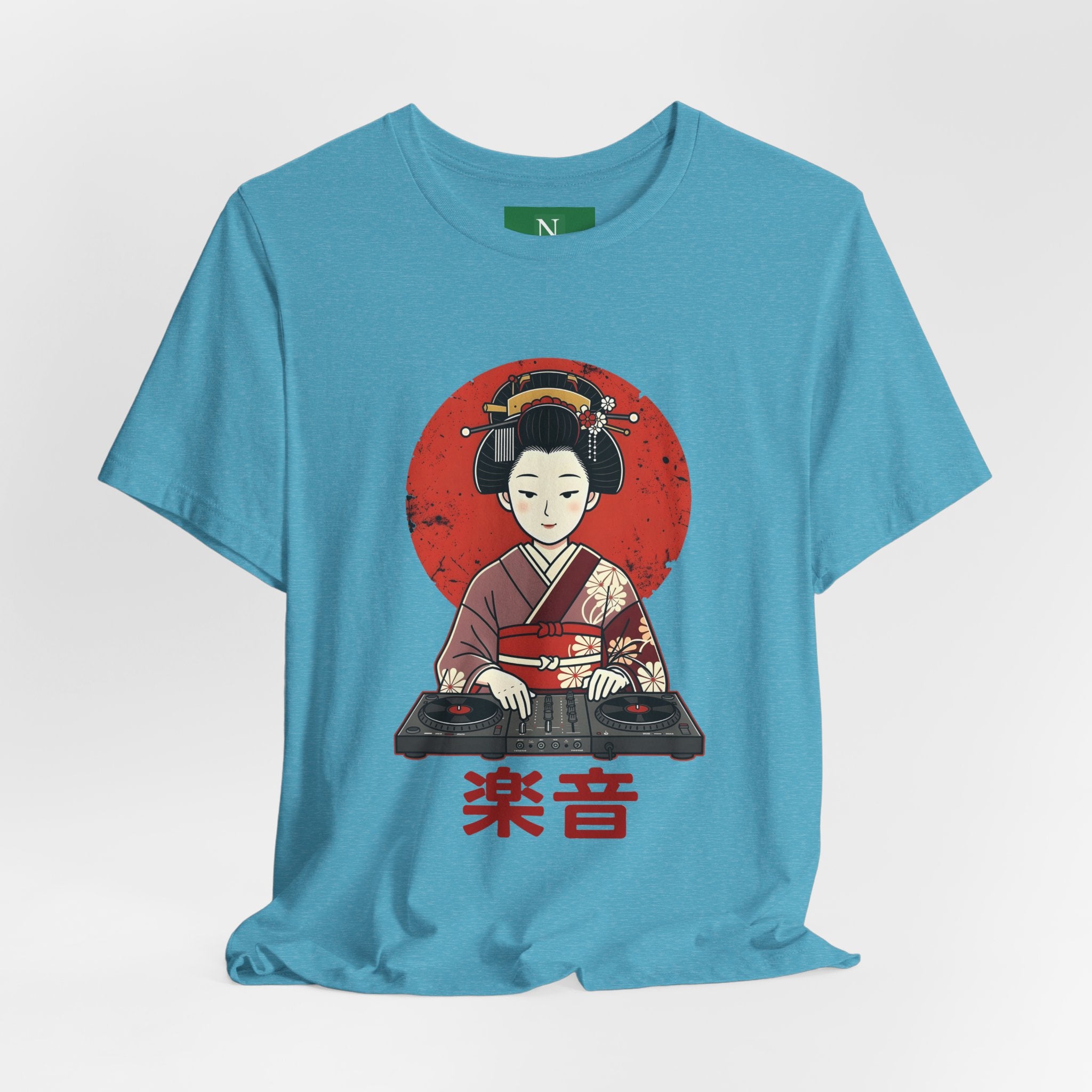 Geisha DJ T-Shirt — Japanese Vinyl Turntable Tee with '楽音' (Music) Design