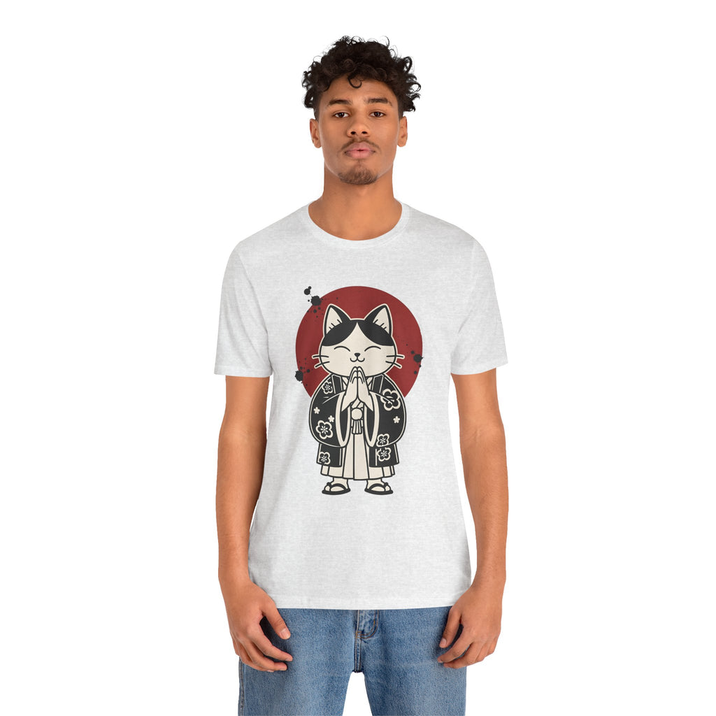 Samurai Cat T‑Shirt — Cute Praying Cat with Red Sun Graphic