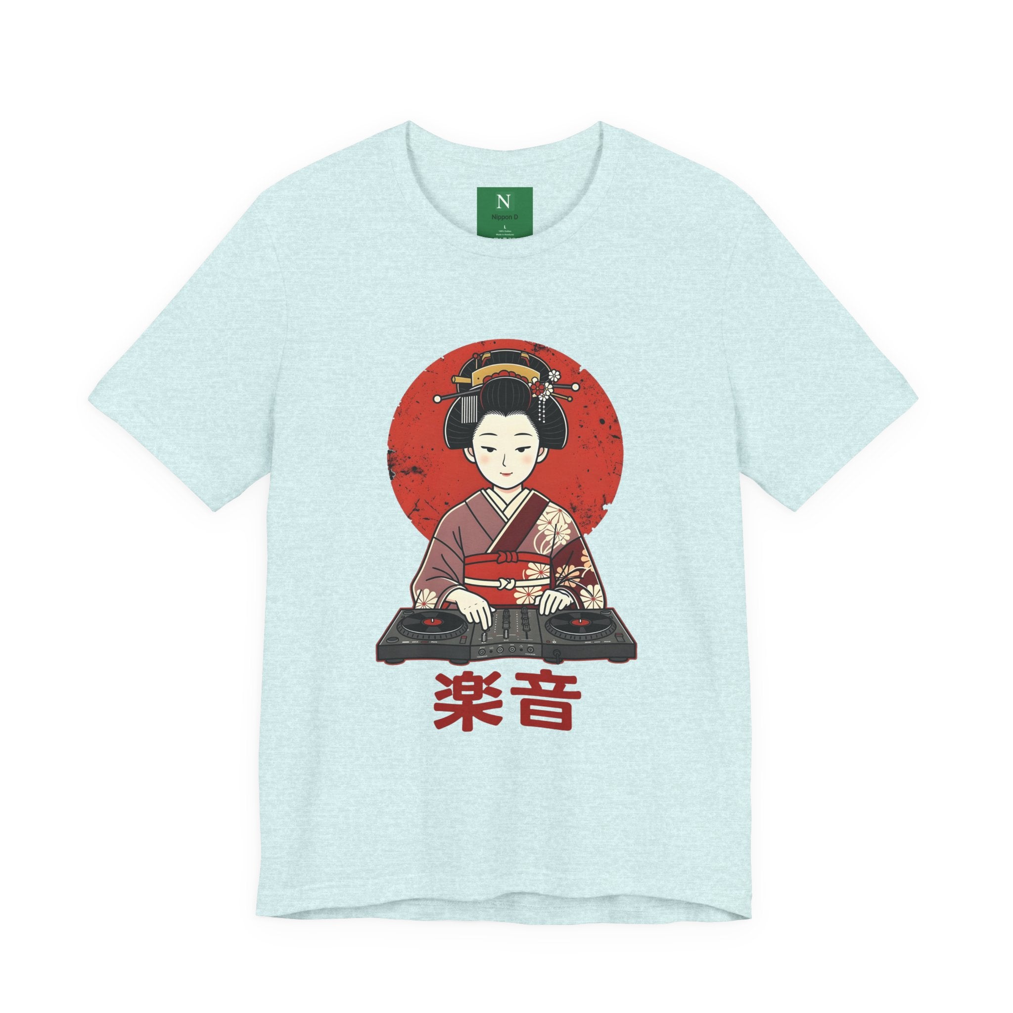 Geisha DJ T-Shirt — Japanese Vinyl Turntable Tee with '楽音' (Music) Design