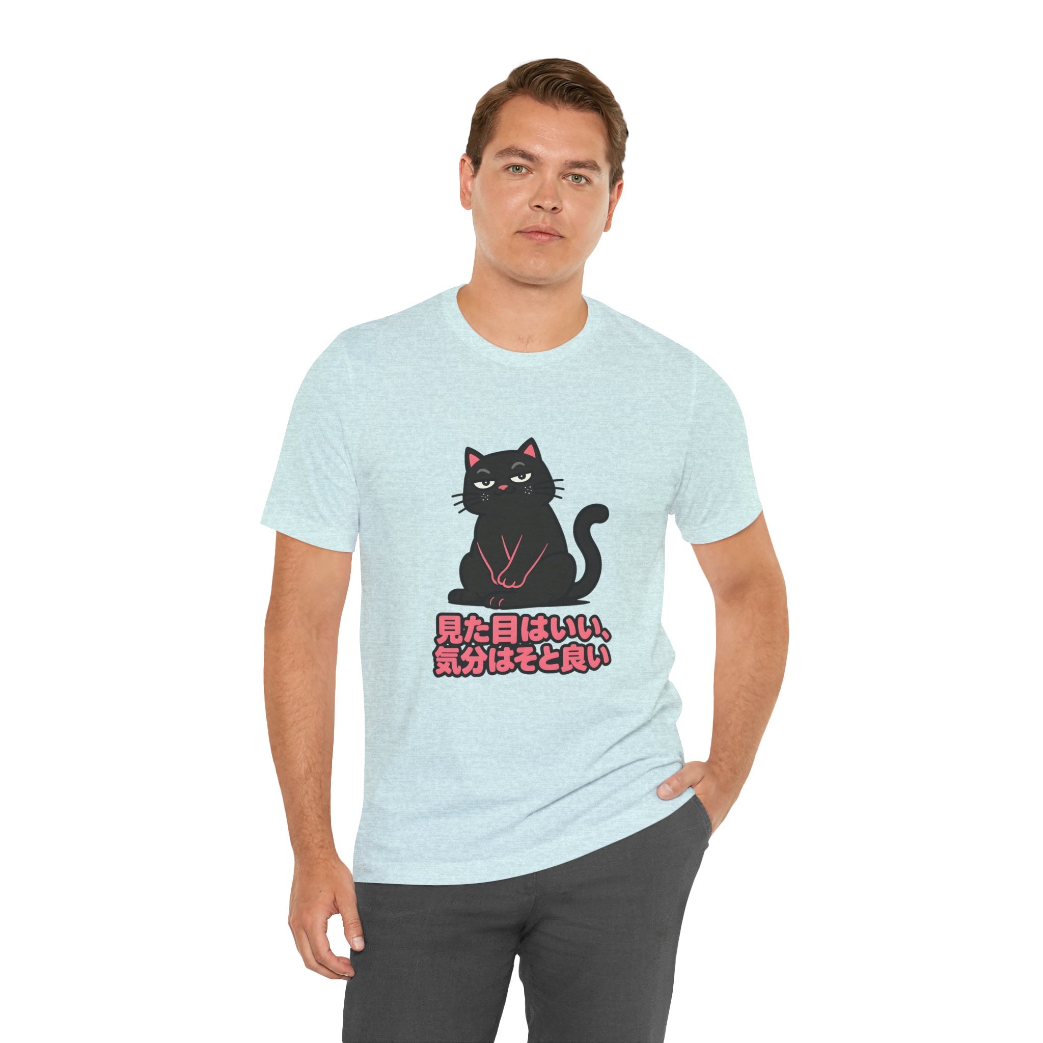 Black Cat Tee with Japanese Text — 'Mita Me wa Ii, Kimochi wa Sore Ijo' Cute Kawaii Graphic T-Shirt