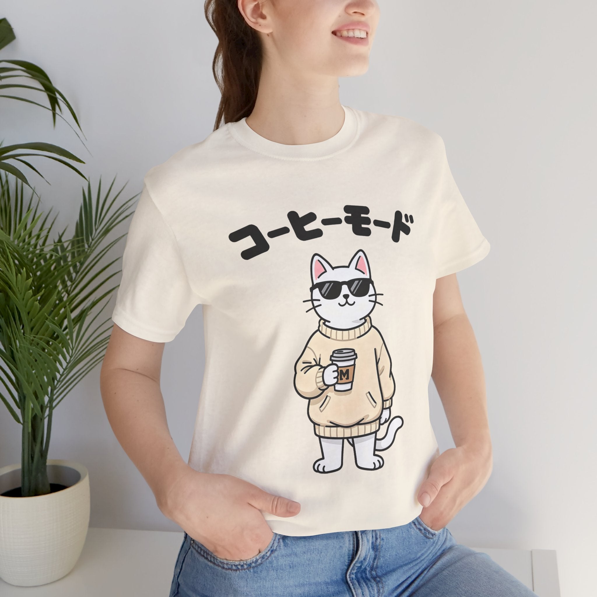 Coffee Mode Cat Tee — Cute Japanese Cat Holding Coffee T-Shirt