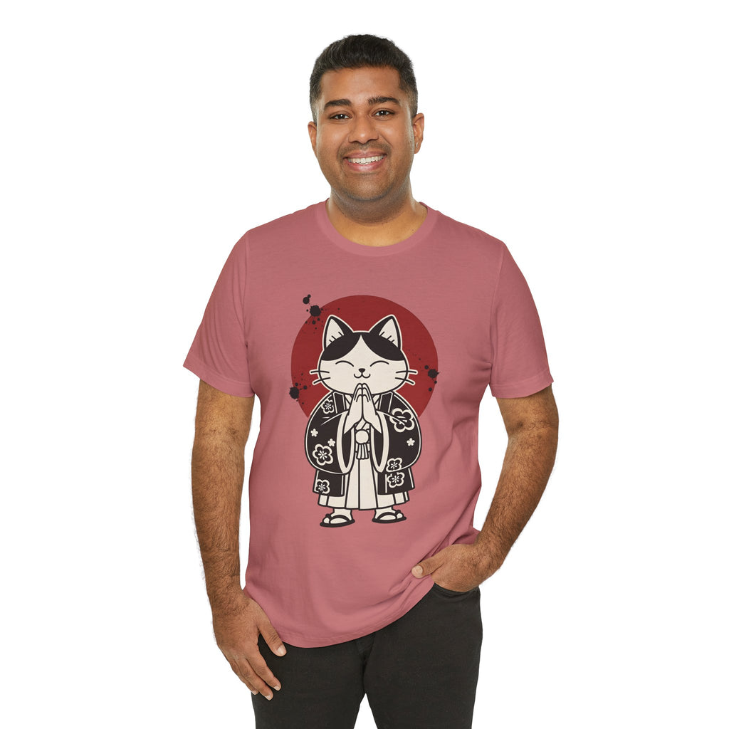 Samurai Cat T‑Shirt — Cute Praying Cat with Red Sun Graphic