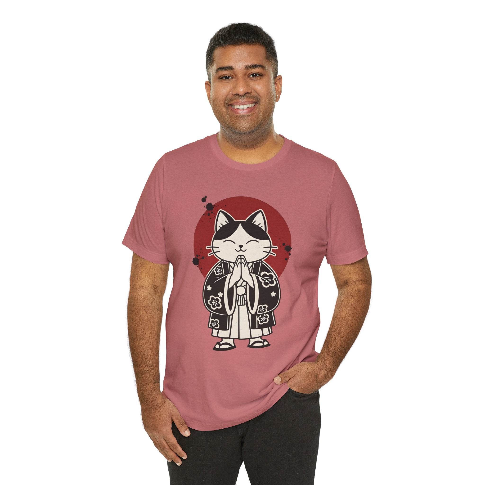 Samurai Cat T‑Shirt — Cute Praying Cat with Red Sun Graphic