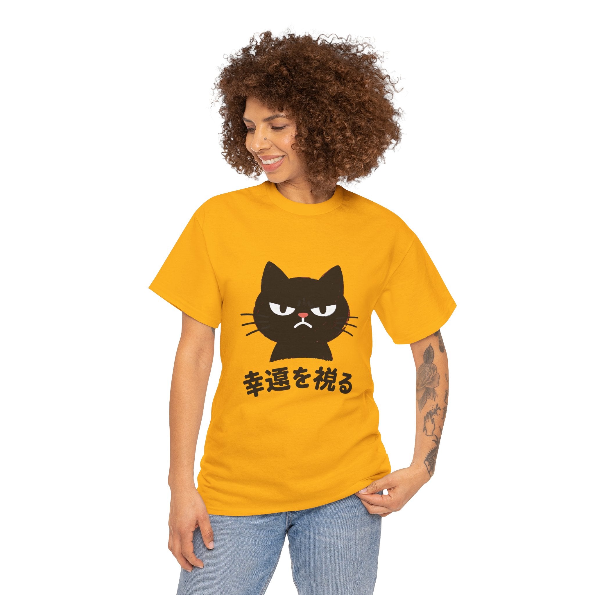 Cat Lucky Charm T‑Shirt — Grumpy Black Cat with Japanese 'Wishing for Good Luck' Text