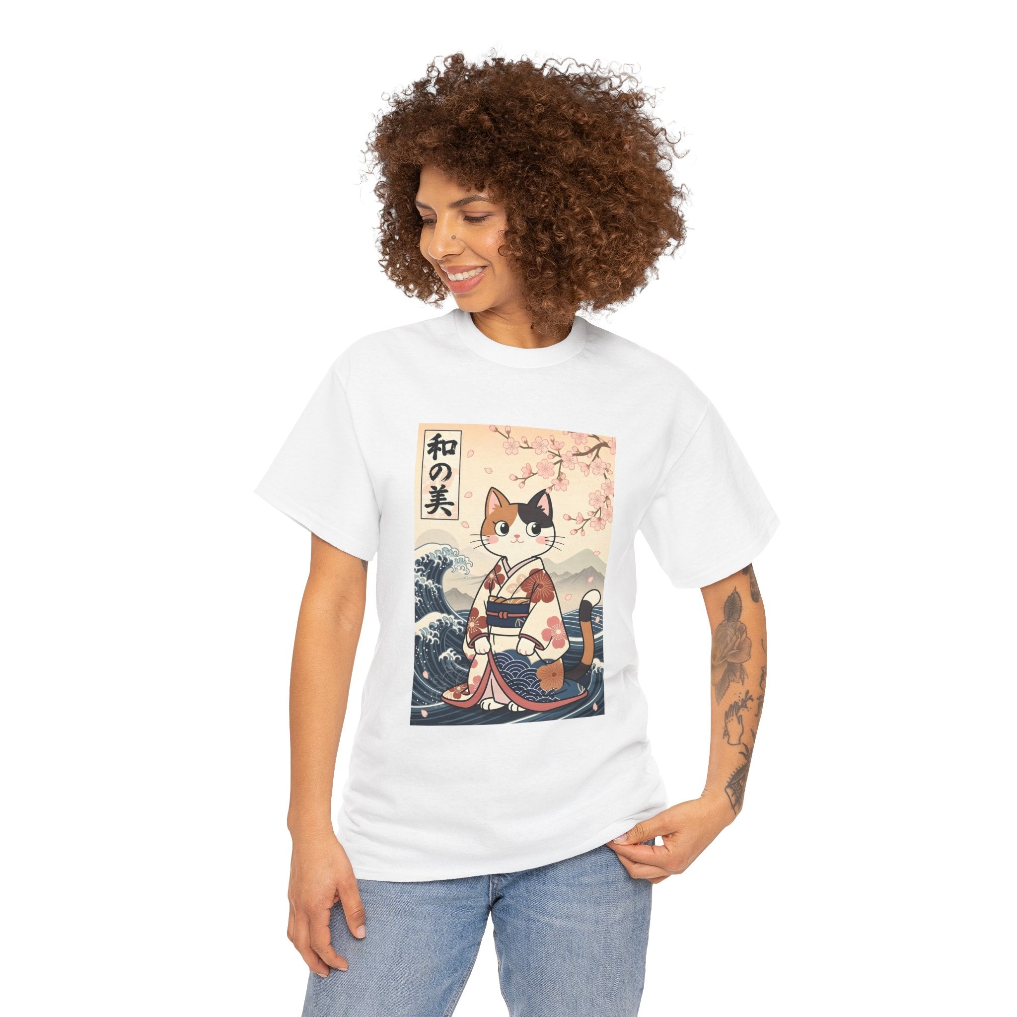 Cat Ukiyo-e T-Shirt — Vintage Japanese Kimono Cat with Cherry Blossoms