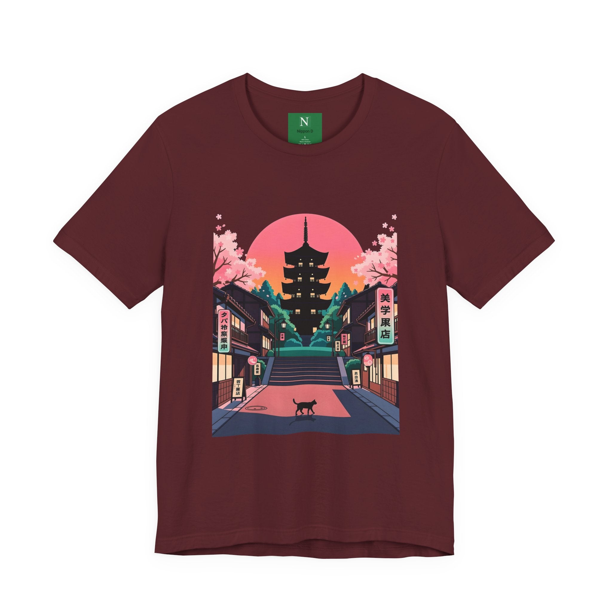 Japanese Pagoda Sunset Tee — Sakura Street Cat Graphic T-Shirt