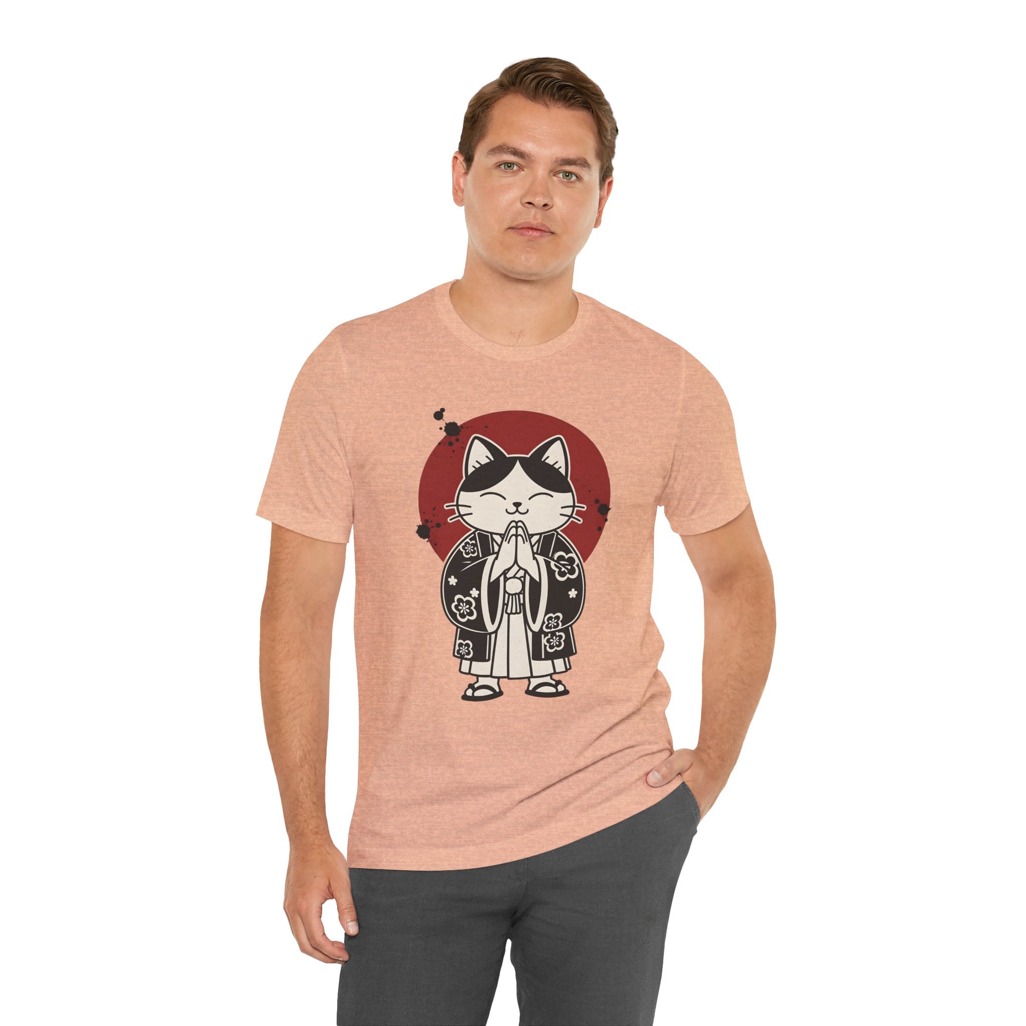 Samurai Cat T‑Shirt — Cute Praying Cat with Red Sun Graphic