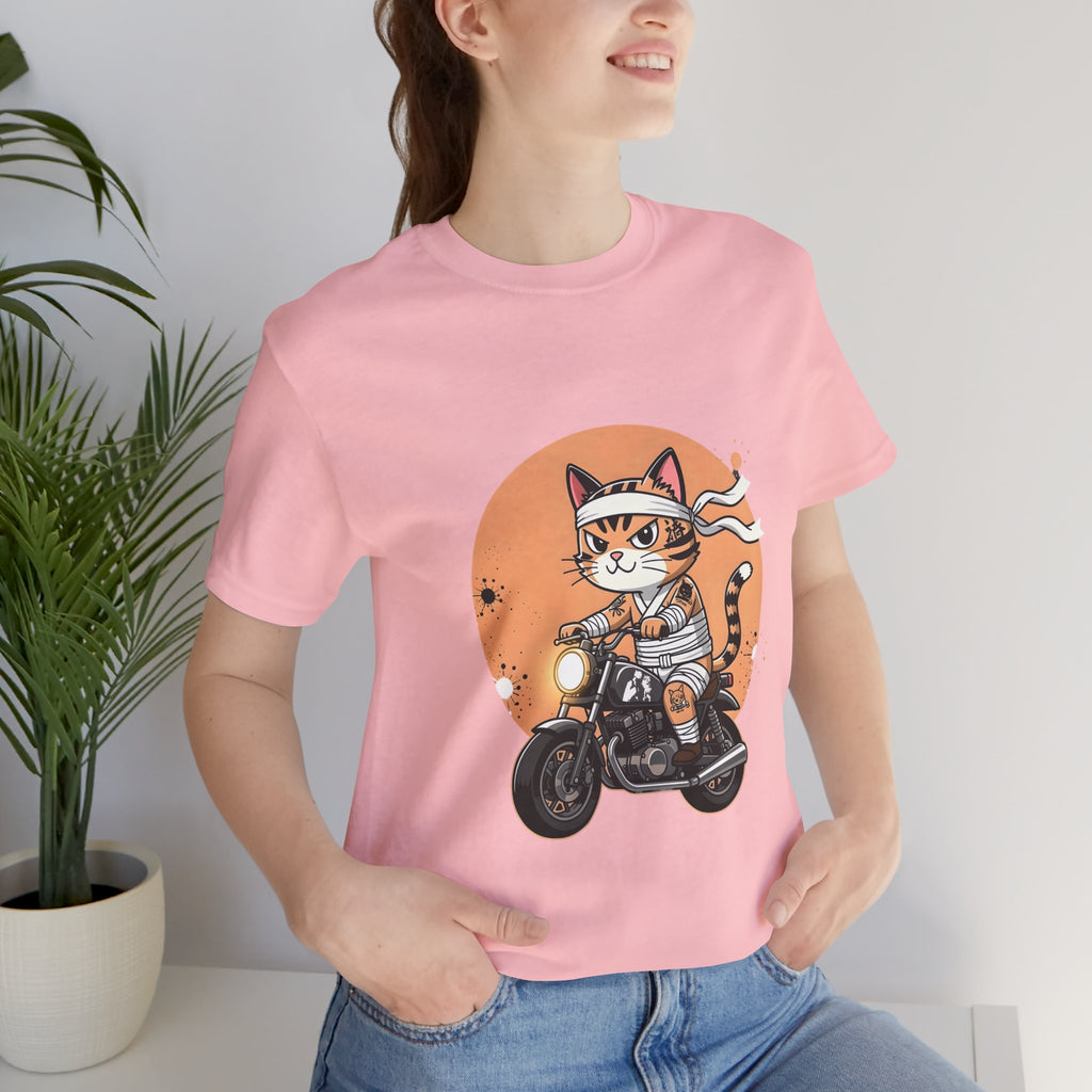 Retro Biker Cat T‑Shirt — Cute Motorcycle Cat Graphic Tee